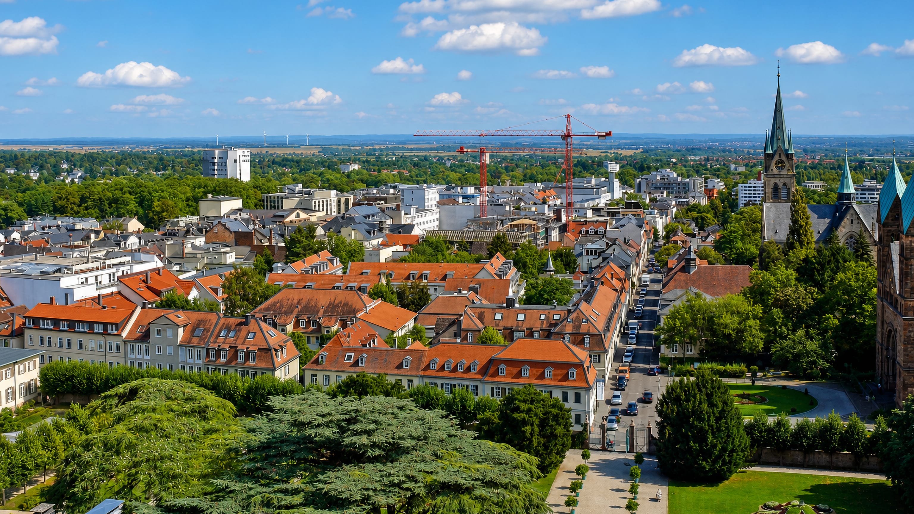 Bad Homburg vor der Hohe's red rooftops, Erloserkirche spire and castle park seen from above