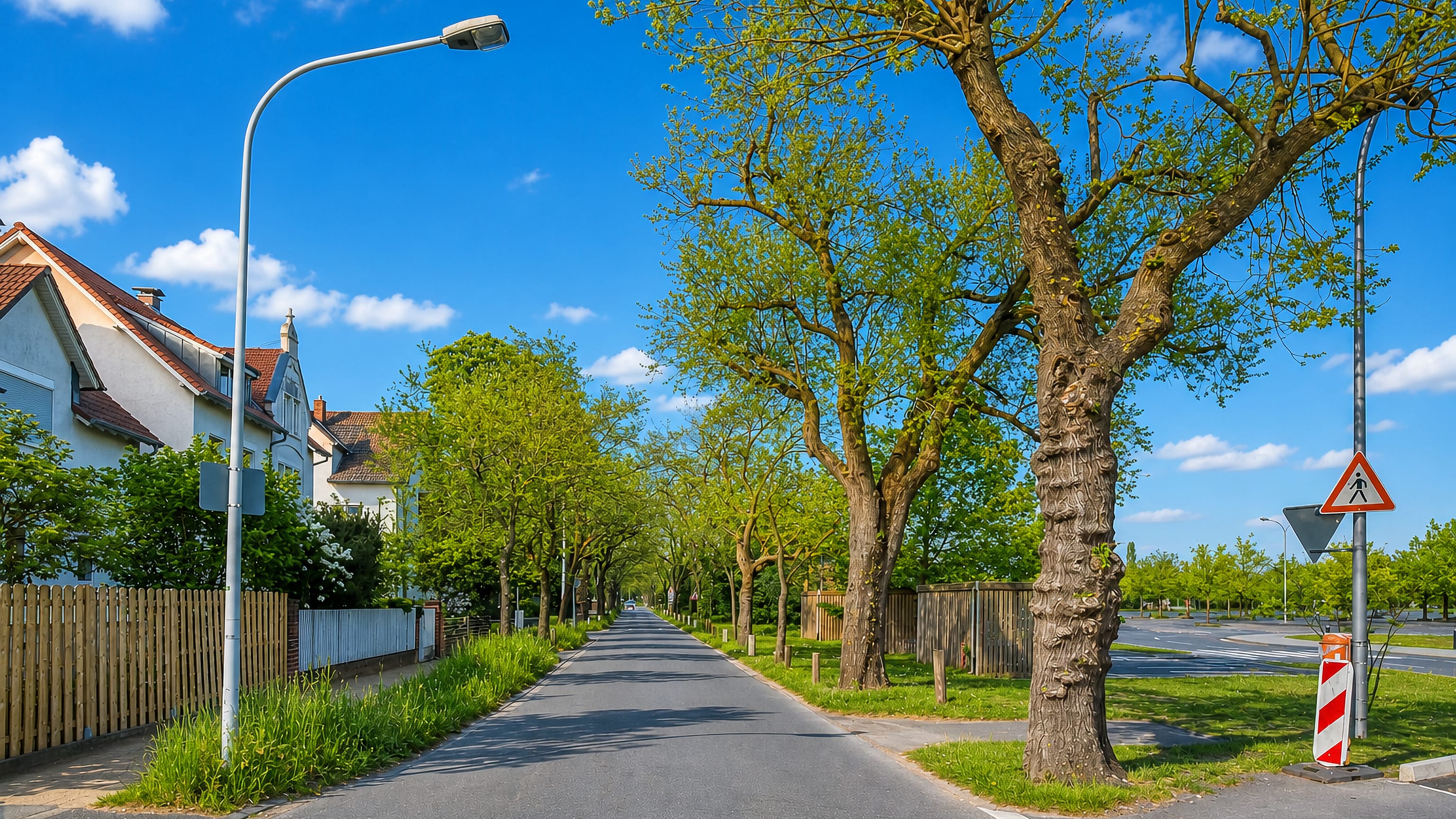 Tree-lined residential street with detached houses in Arheilgen, a northern district of Darmstadt.