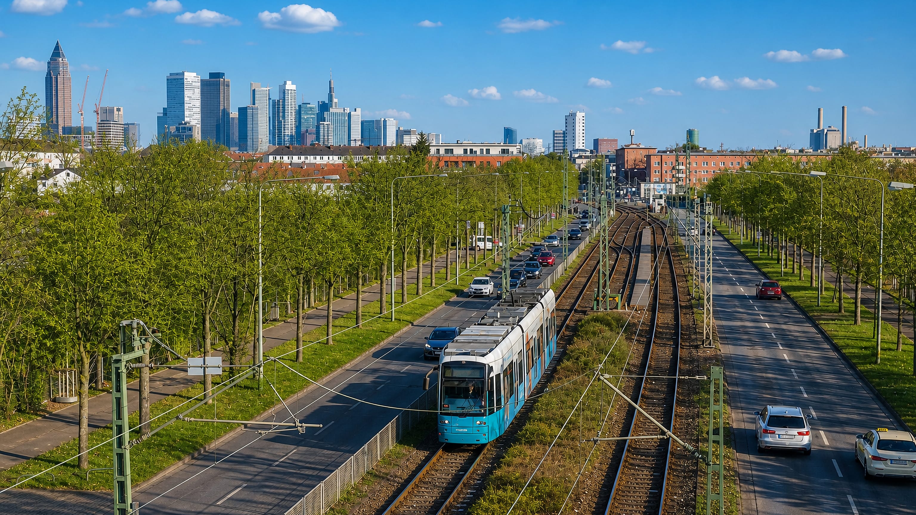 A tram runs a tree-lined boulevard in Frankfurt's Gallus district below the Messeturm and banking skyline.