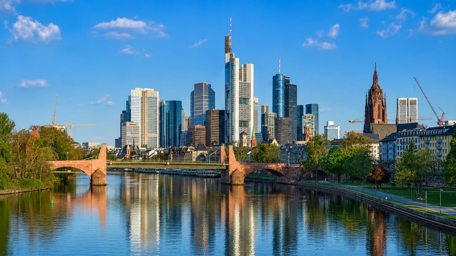 Frankfurt's high-rise financial skyline and red cathedral reflected in the river Main, seen past the Alte Brücke.