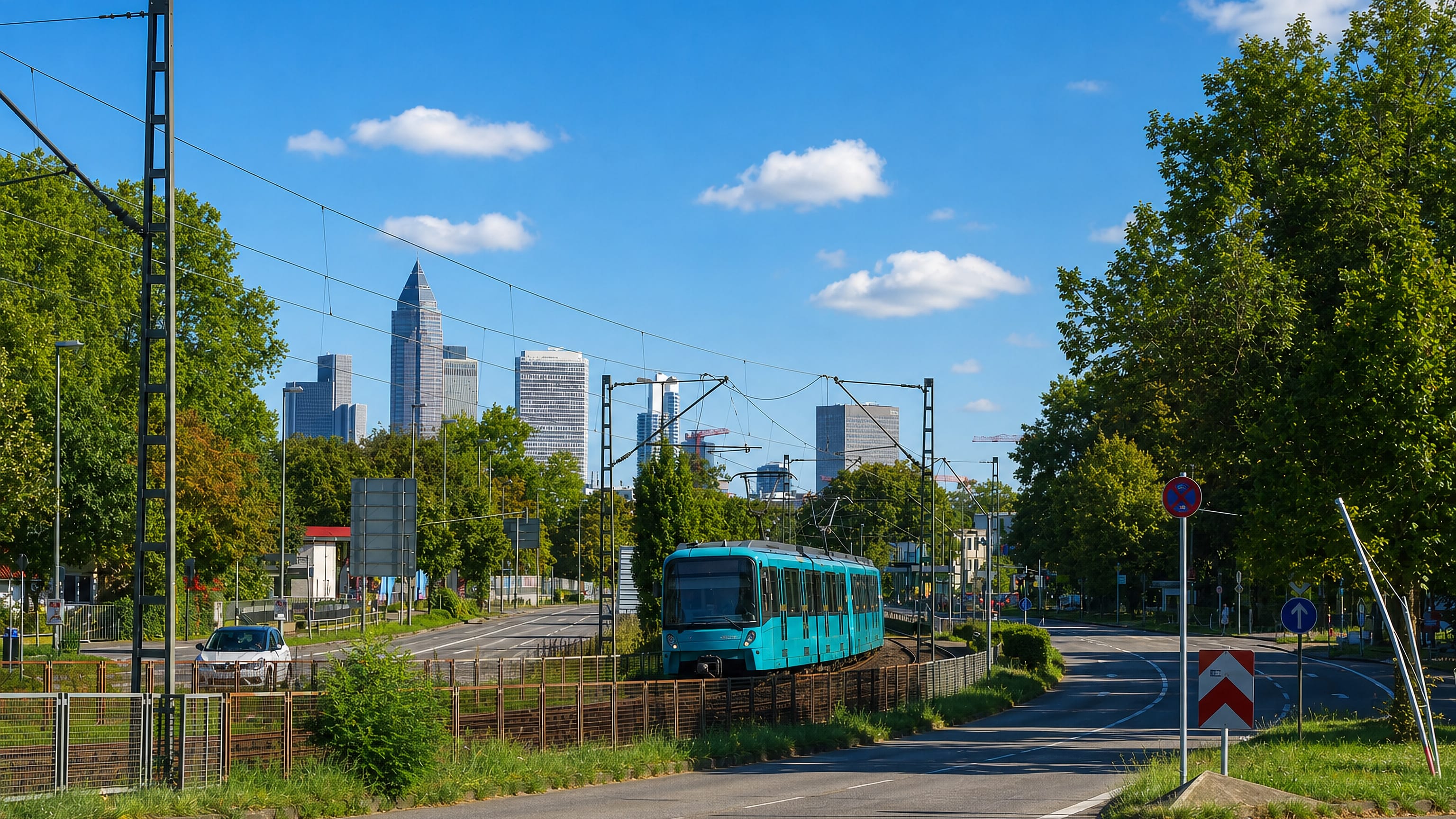 Frankfurt's skyline rising beyond a tree-lined road and teal U-Bahn train in Rödelheim.