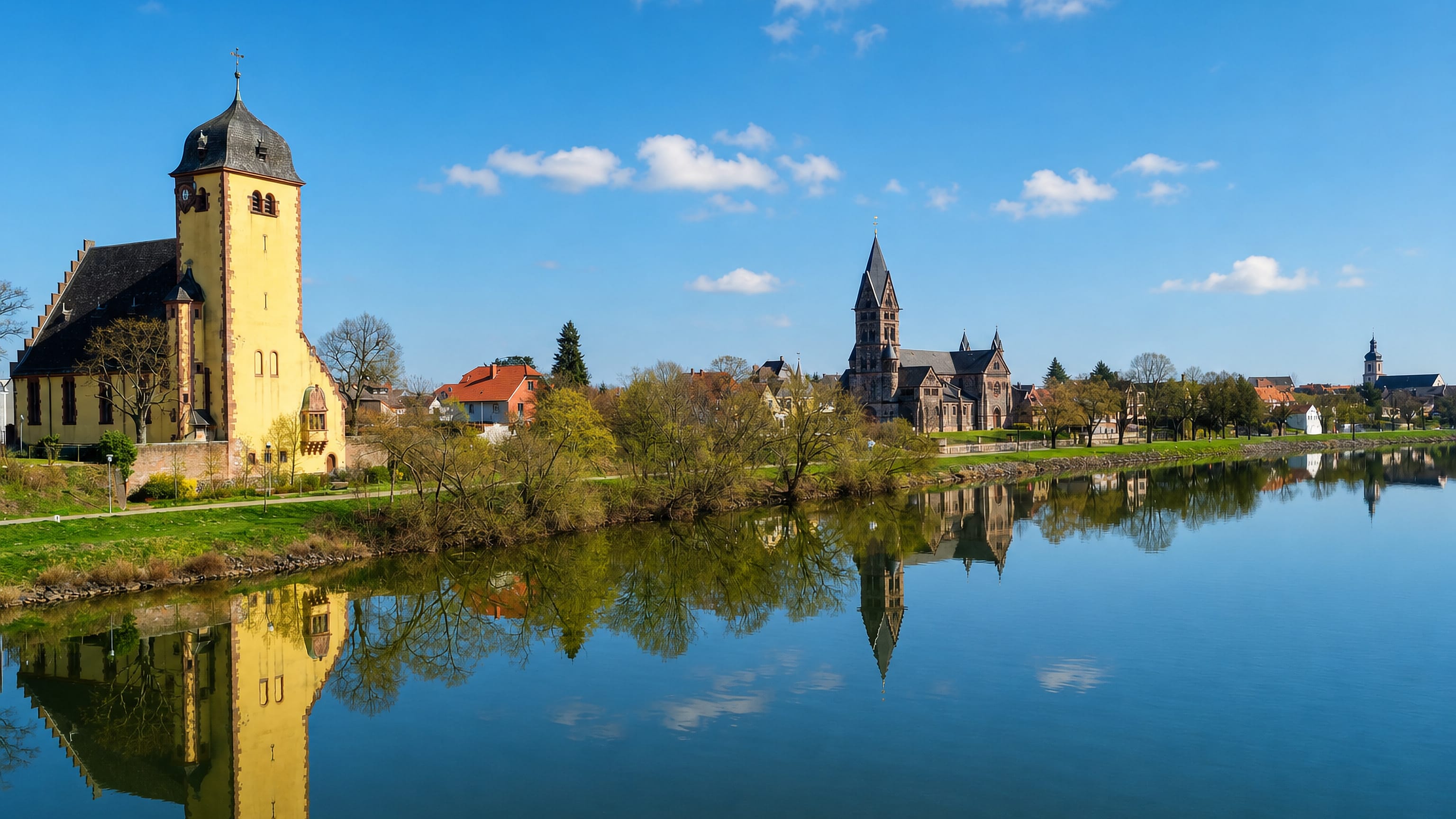 Churches of Großauheim reflected in the river Main, framed by grassy banks in Hanau.