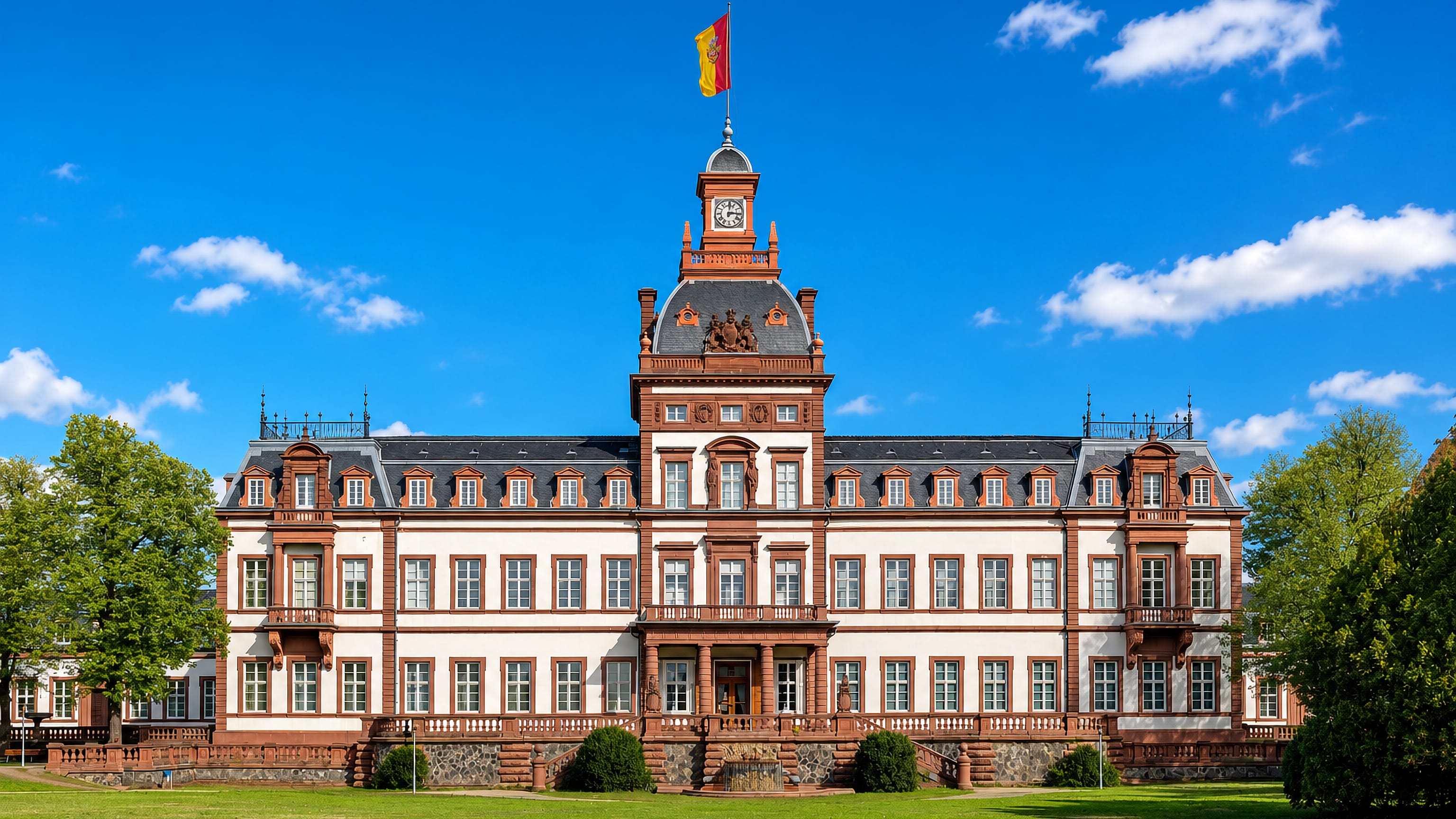 Schloss Philippsruhe in Hanau am Main, a baroque palace in white and red sandstone above a green lawn