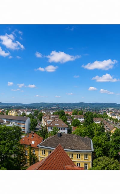 Panorama over Kassel's red rooftops and wooded hills viewed past a stone monument figure.