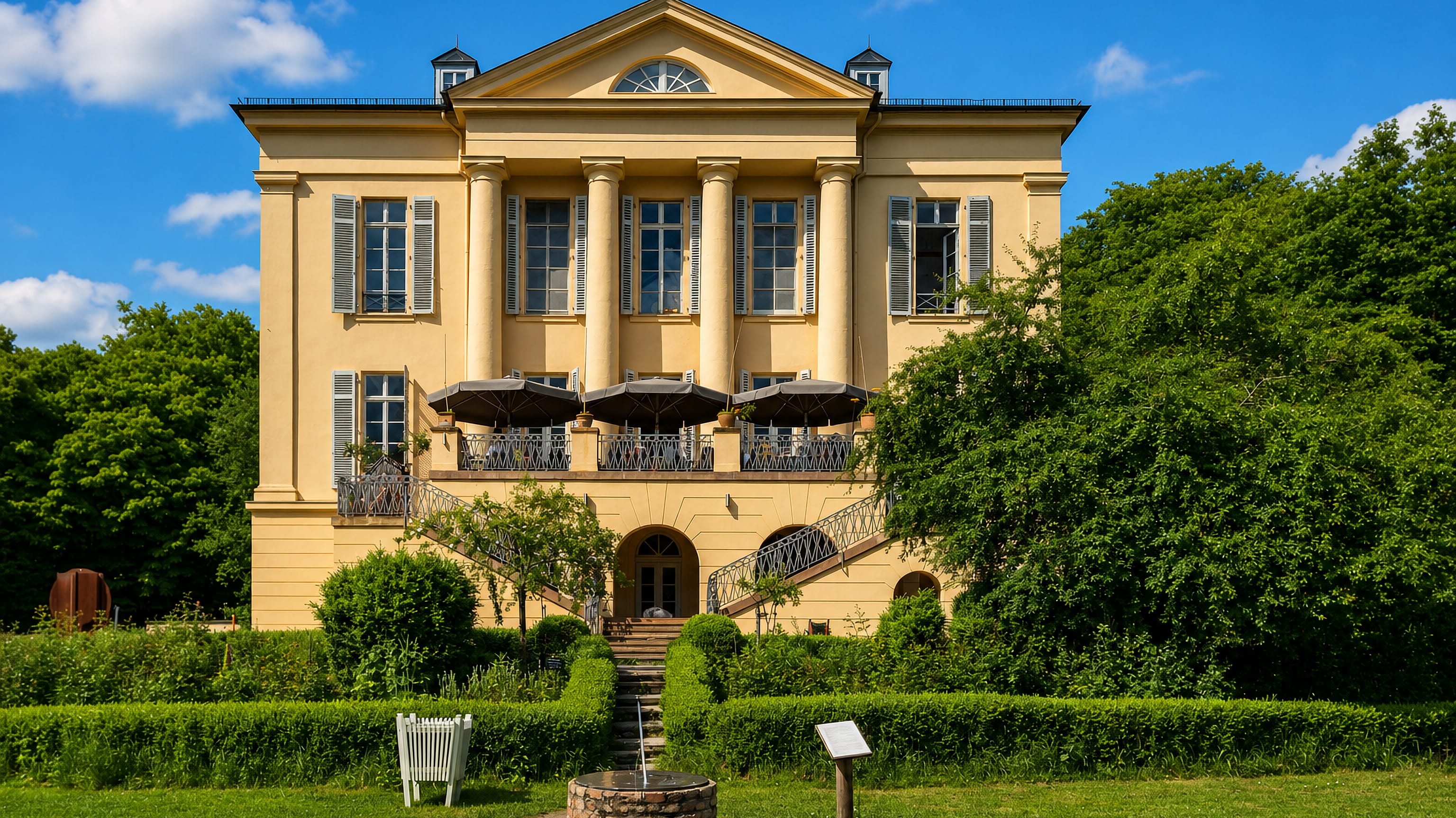 Yellow classicist manor house and formal garden at Dotzheim in western Wiesbaden.