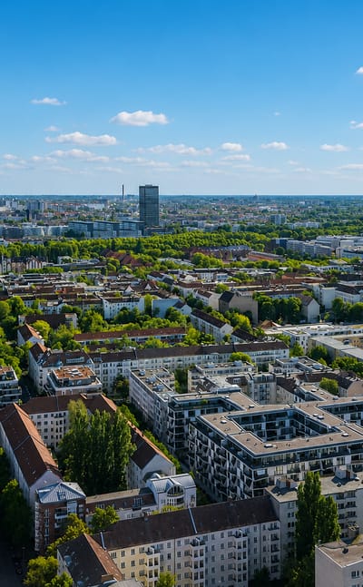 Aerial over the leafy streets and apartment blocks of Alt-Treptow, a residential district of Berlin.