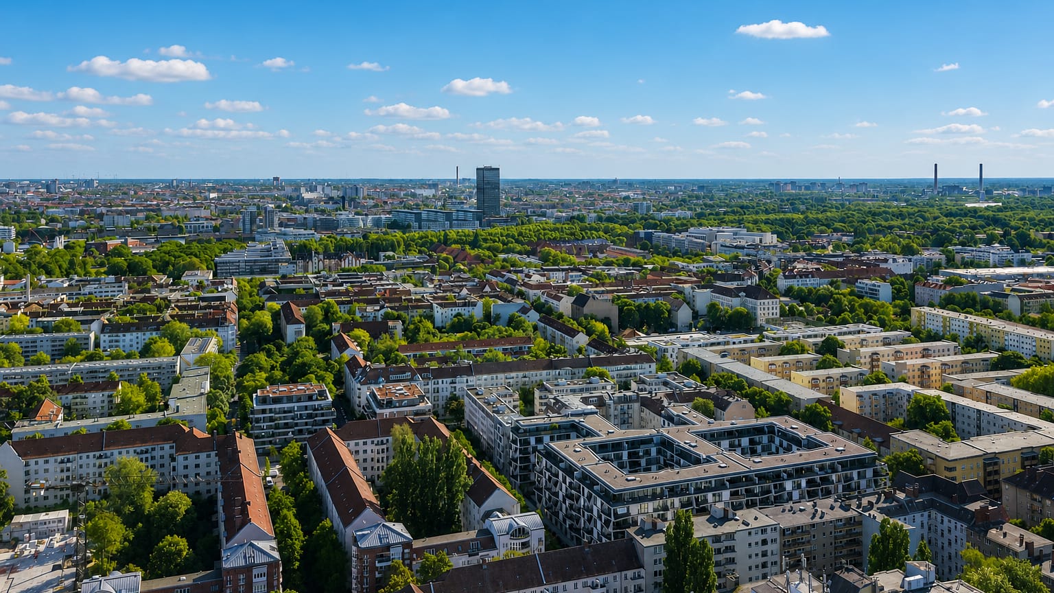 Aerial over the leafy streets and apartment blocks of Alt-Treptow, a residential district of Berlin.