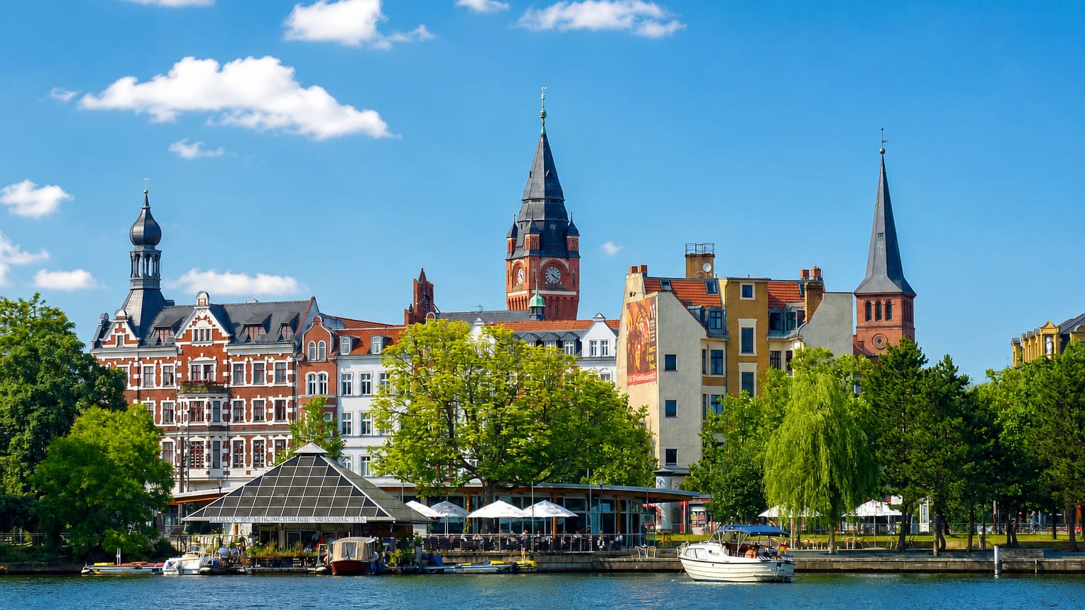 Köpenick old town waterfront on the Dahme river in Berlin, with the town hall tower, church spire and colourful facades.