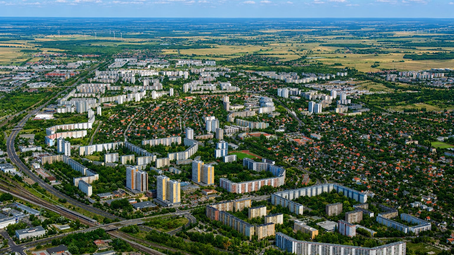 Aerial view of Biesdorf's prefab housing blocks, rail lines and greenery on Berlin's eastern edge under a blue sky