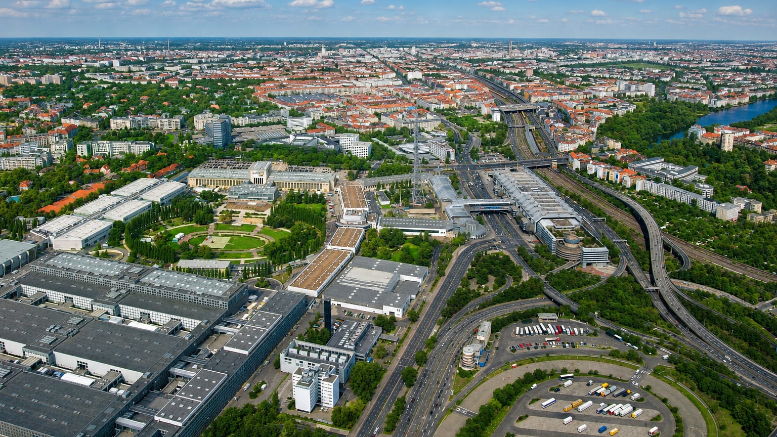 Aerial daytime view over Charlottenburg-Nord in Berlin, with industrial halls, a motorway interchange, rail lines and the Spree beyond.