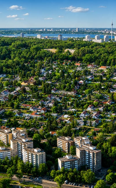 Aerial view of the Falkenhagener Feld housing estate in Berlin's Spandau with tower blocks among greenery and the skyline beyond