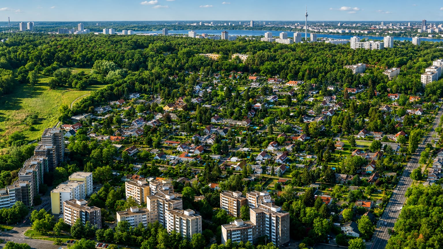 Aerial view of the Falkenhagener Feld housing estate in Berlin's Spandau with tower blocks among greenery and the skyline beyond