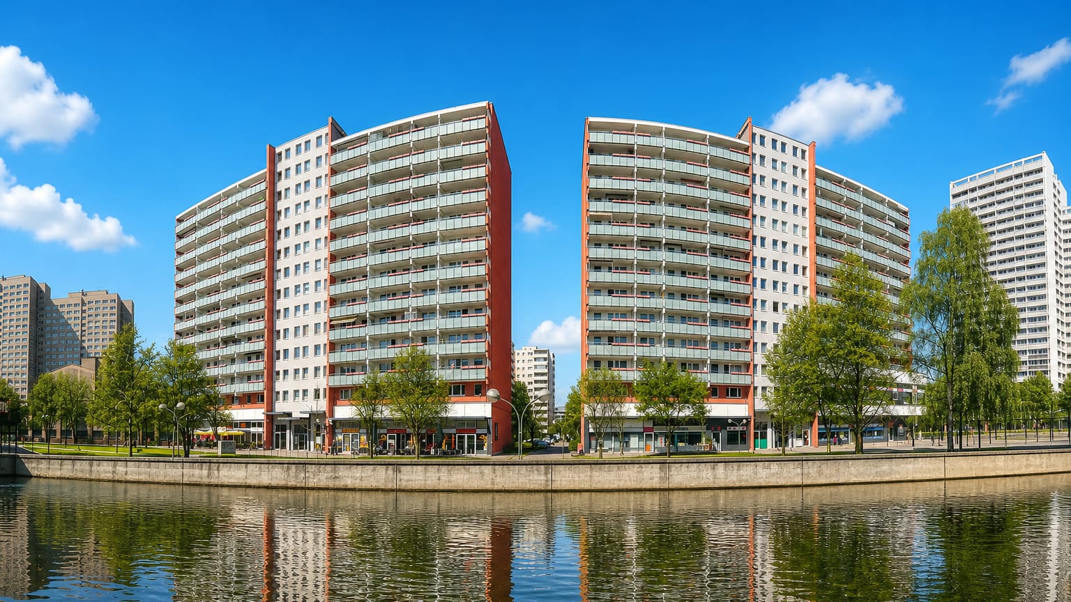 Twin curved red-and-white residential high-rises reflected in the Fennpfuhl lake, Berlin, with tower blocks behind