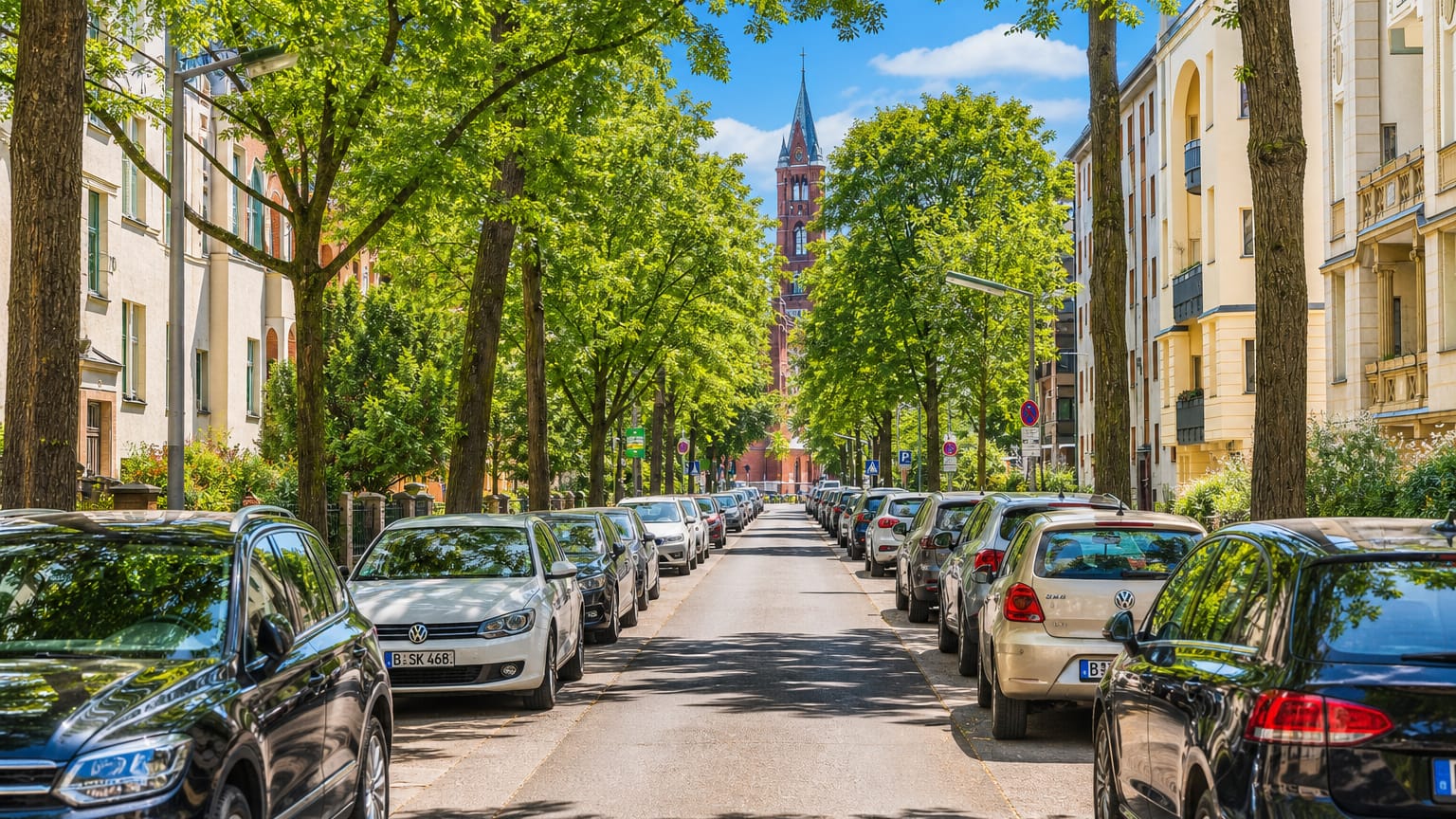 Tree-lined residential street of parked cars leading to a red-brick neo-Gothic church tower in Friedenau, Berlin.