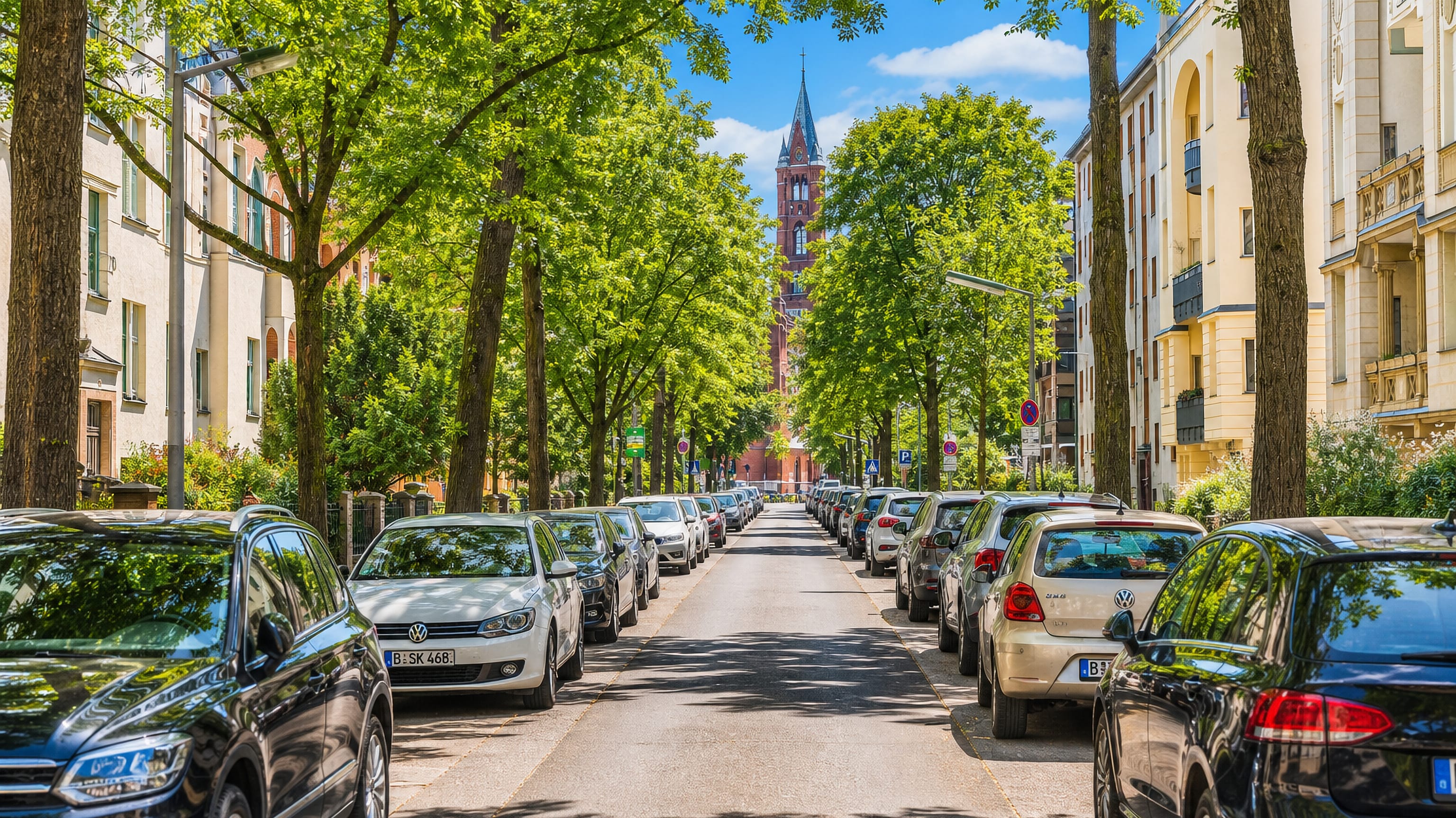Tree-lined residential street of parked cars leading to a red-brick neo-Gothic church tower in Friedenau, Berlin.