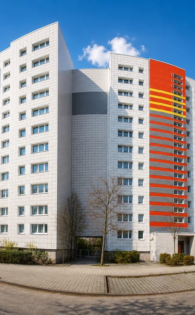 Colorful prefab high-rise apartment blocks with striped facades along a residential street in Friedrichsfelde, Berlin.