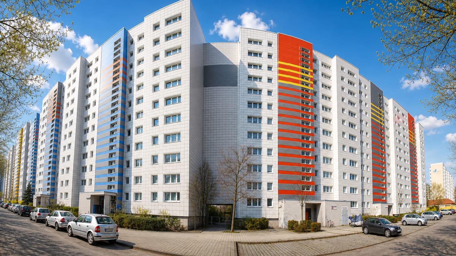 Colorful prefab high-rise apartment blocks with striped facades along a residential street in Friedrichsfelde, Berlin.