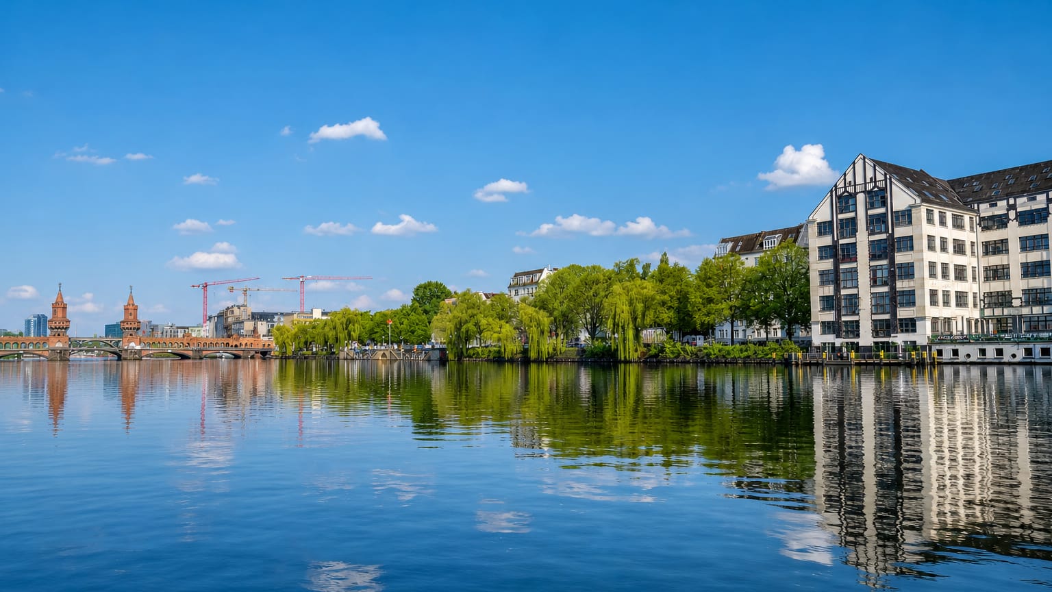 The Spree in Berlin's Friedrichshain with the twin-towered Oberbaumbrücke and riverside brick loft buildings.