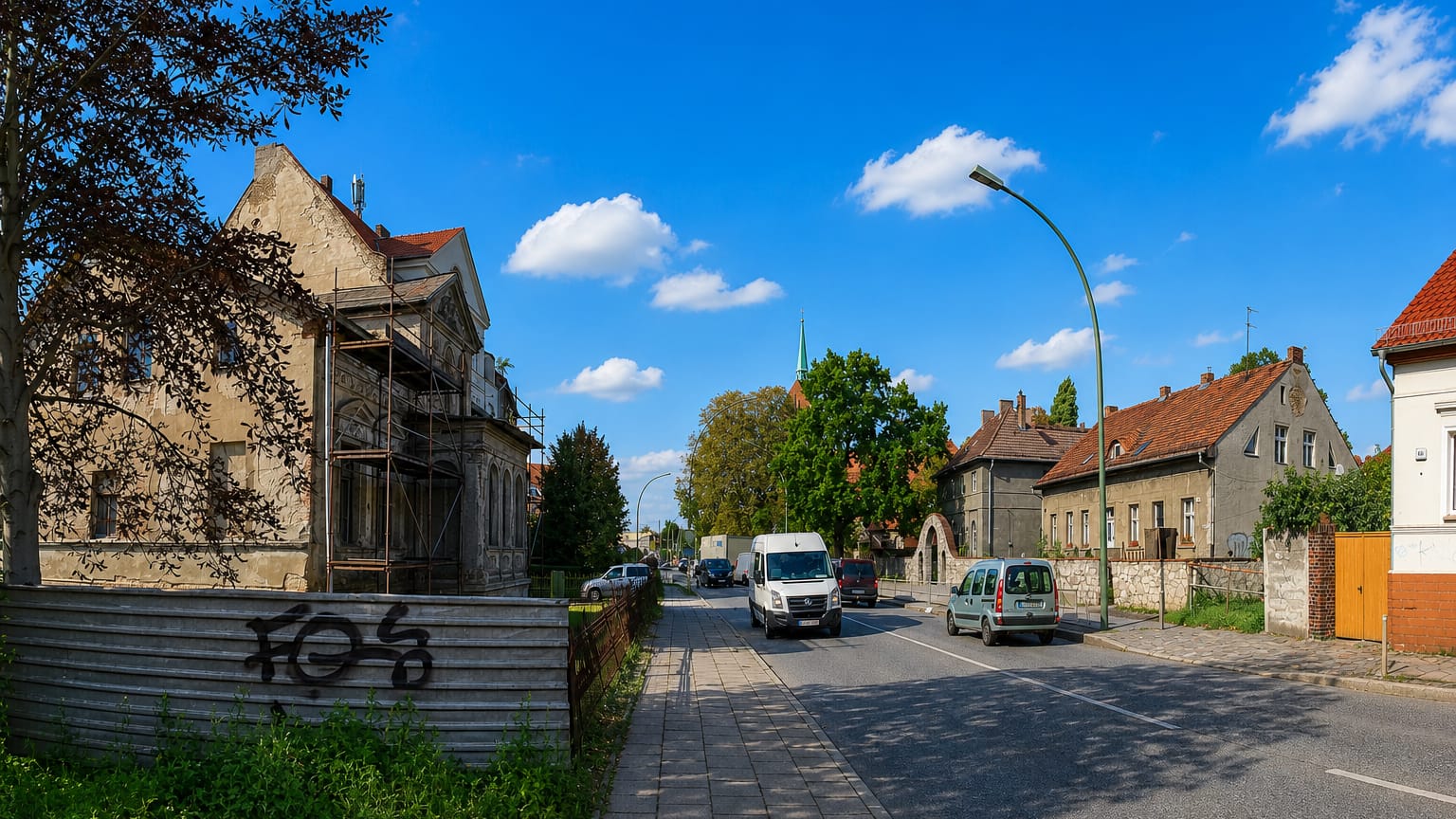 Residential street with old plastered houses, parked cars and a distant church spire in Heinersdorf, Berlin