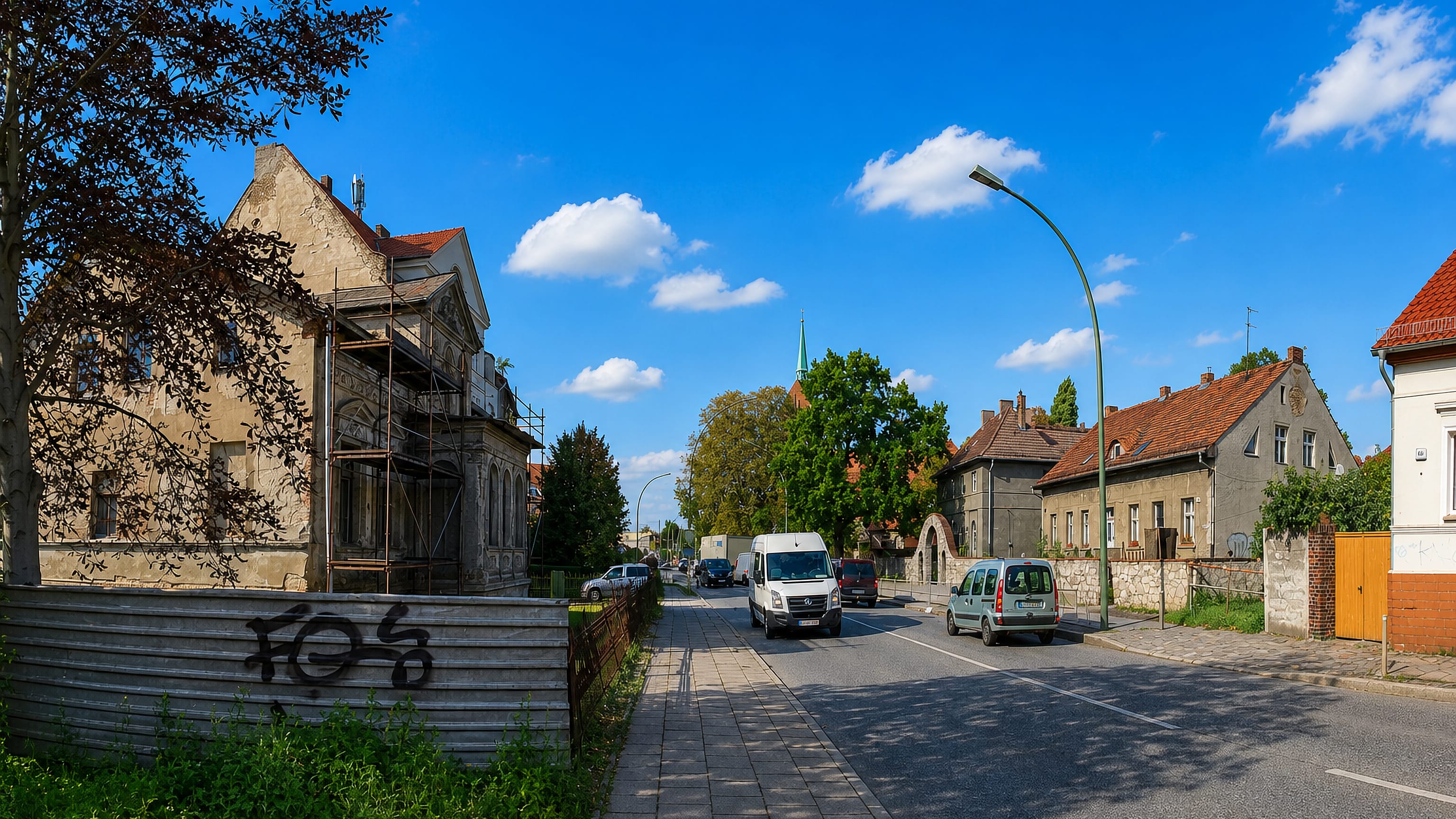 Residential street with old plastered houses, parked cars and a distant church spire in Heinersdorf, Berlin