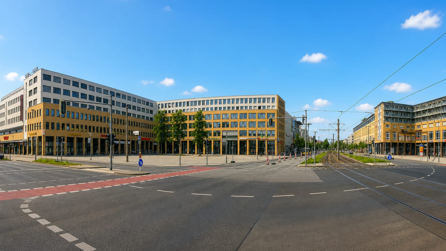 Wide tram-lined boulevard junction flanked by mid-rise commercial buildings in Hellersdorf, Berlin