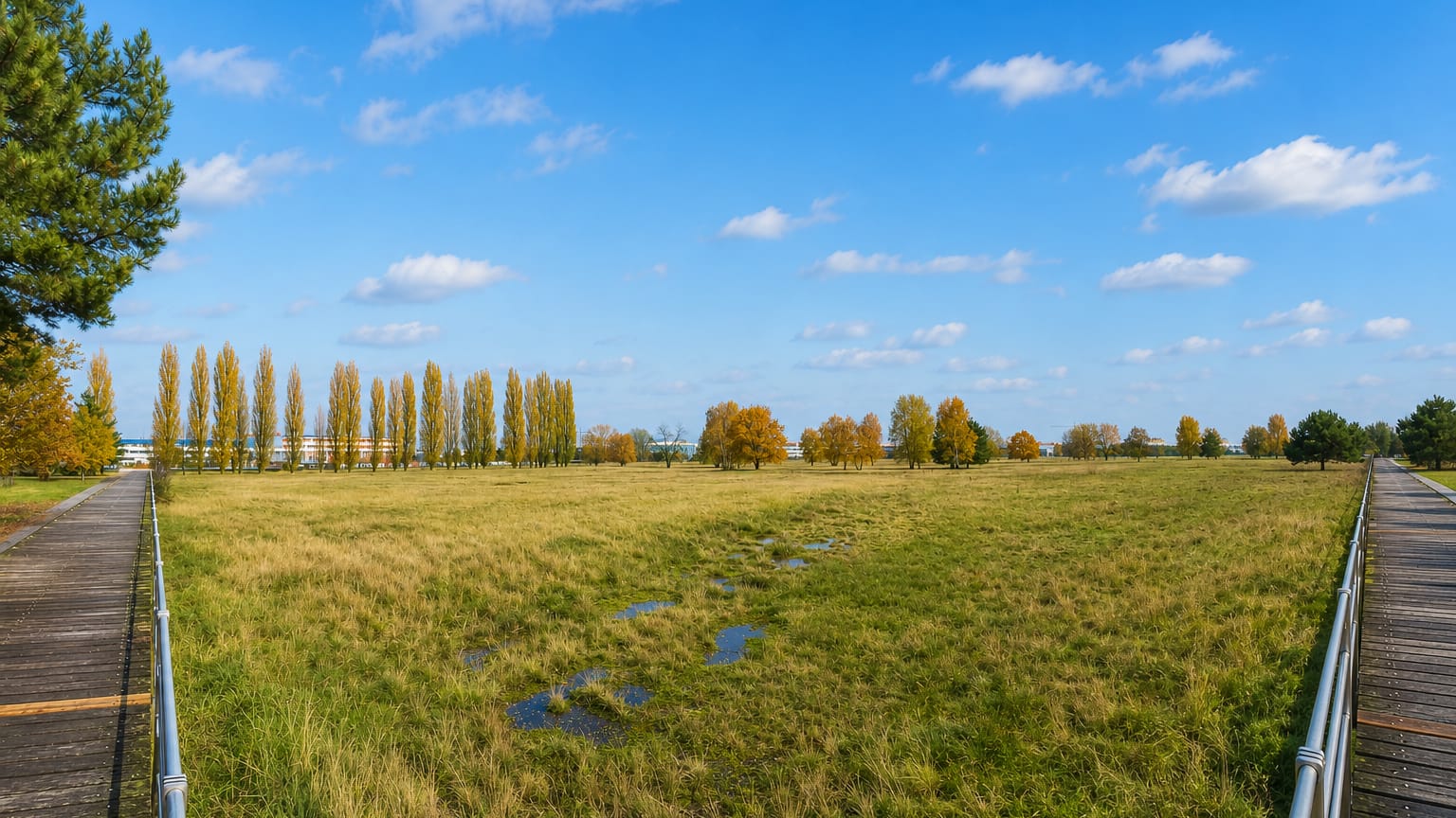 Autumn meadow with boardwalks and poplar rows in the Johannisthal landscape park, Berlin