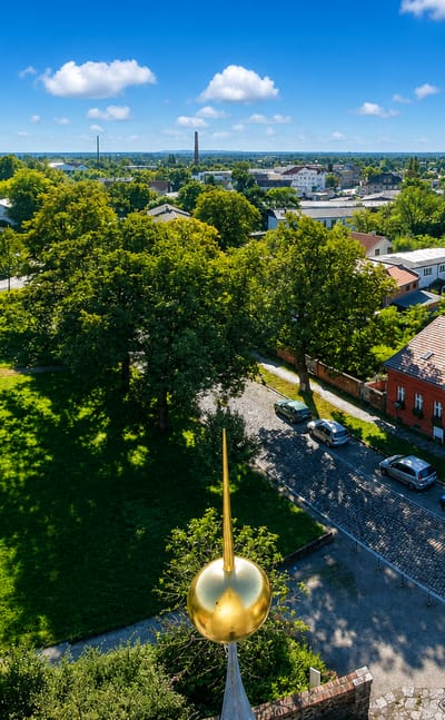 Elevated view over green grounds and a red-brick building with a gilded church spire in Kaulsdorf, Berlin