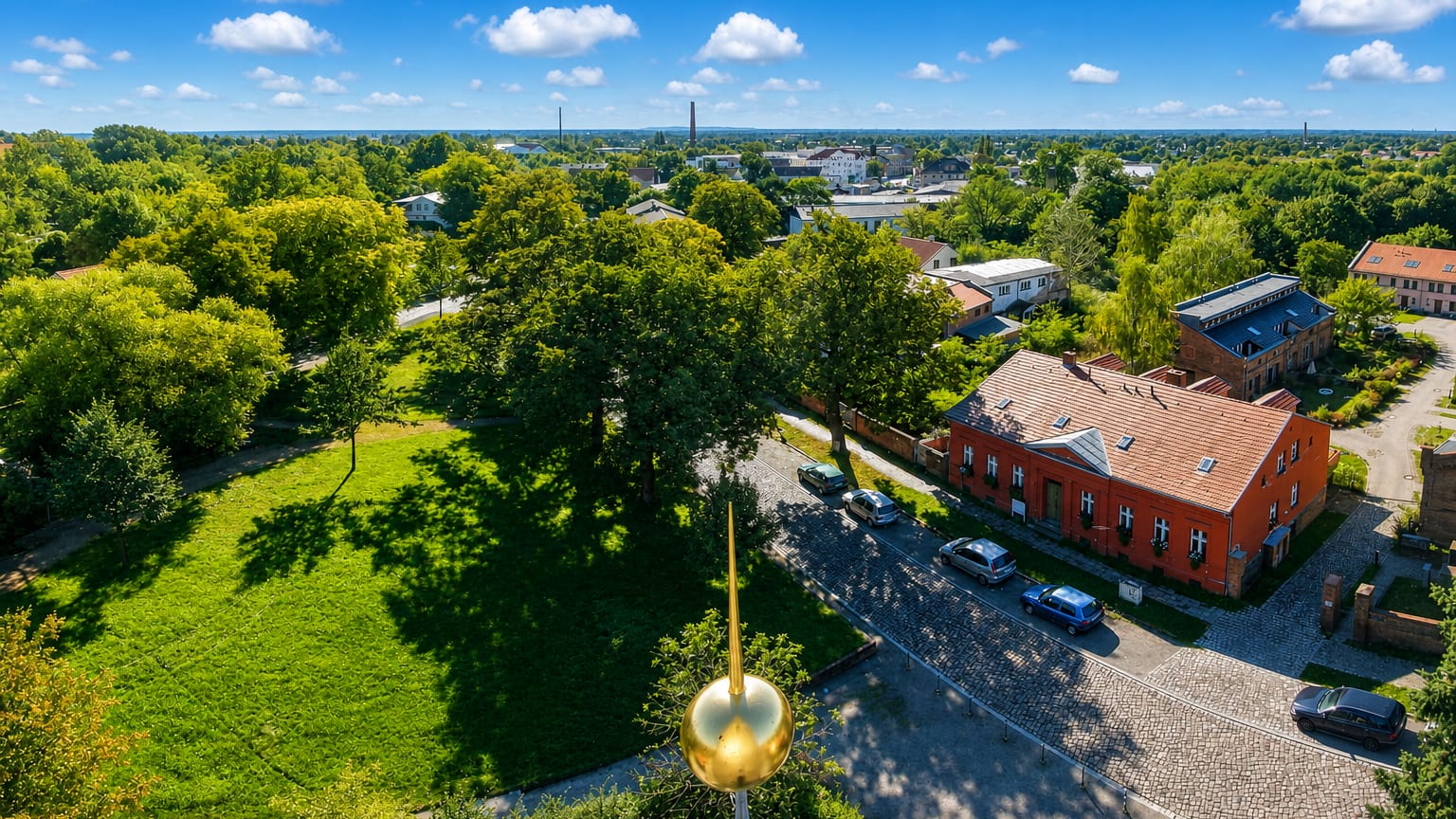 Elevated view over green grounds and a red-brick building with a gilded church spire in Kaulsdorf, Berlin