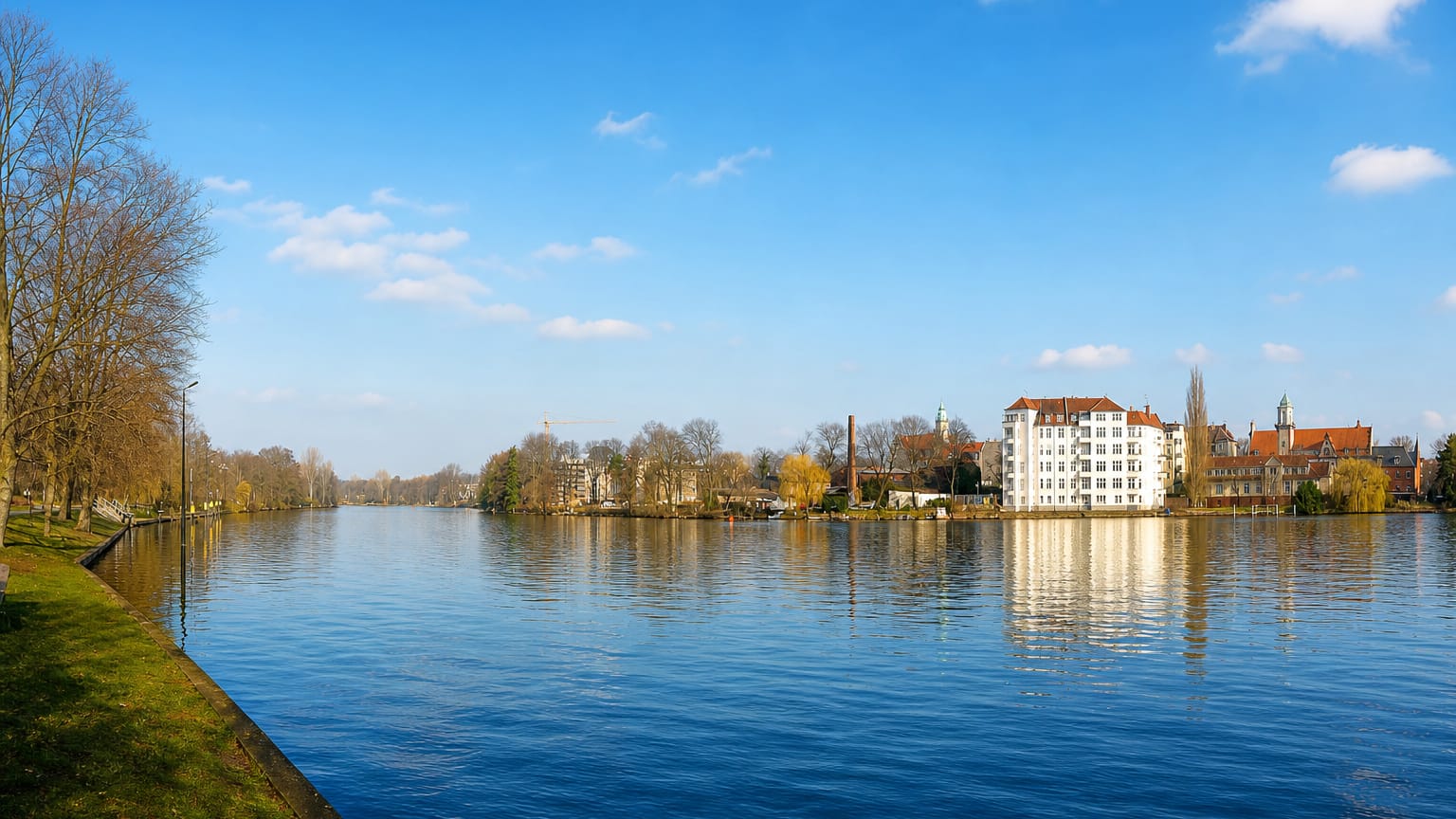Waterfront view of Berlin's Koepenick district with historic buildings and church towers reflected in the river