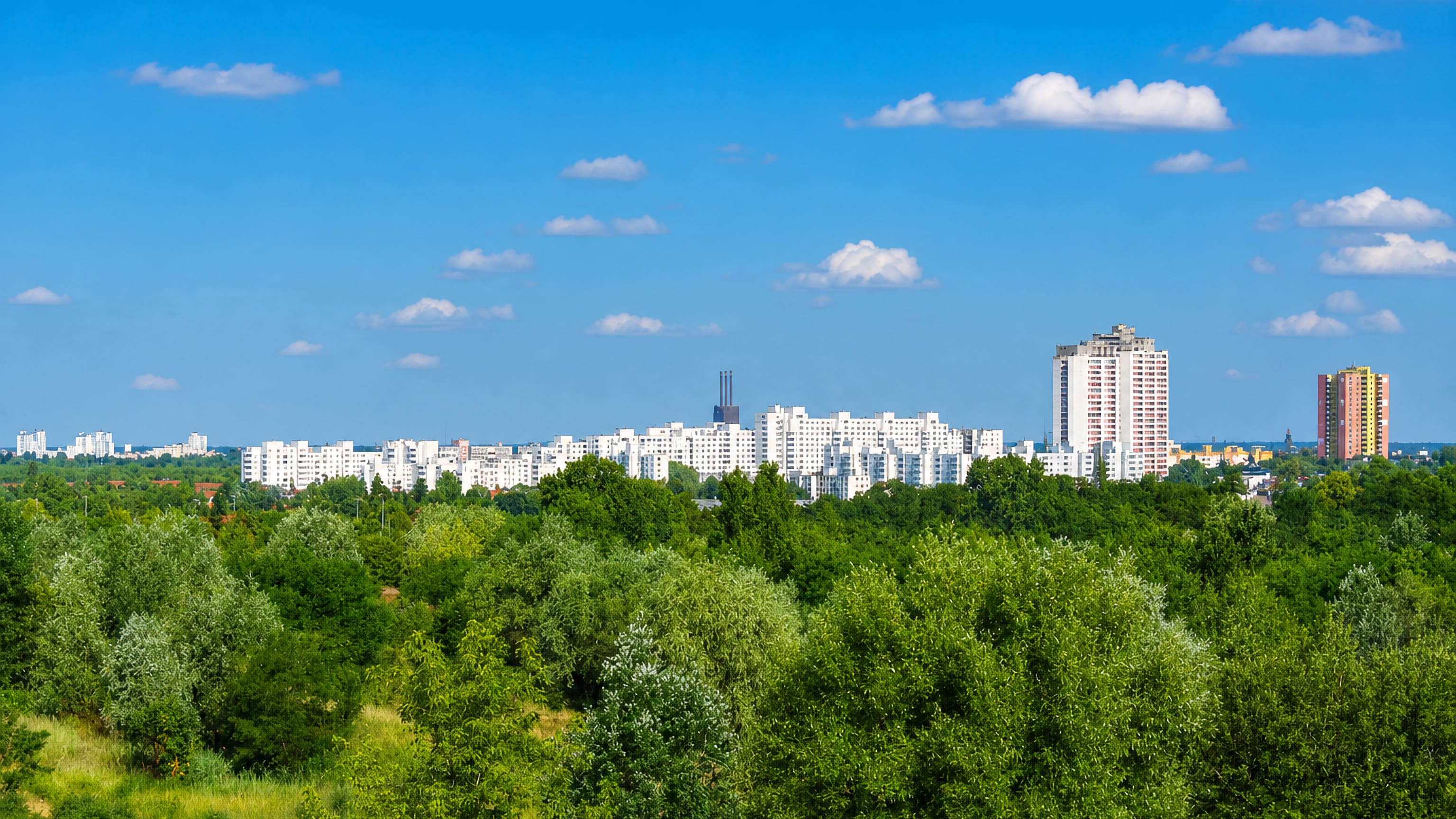Wooded green belt in southern Berlin with the white high-rise housing blocks of Marienfelde on the horizon