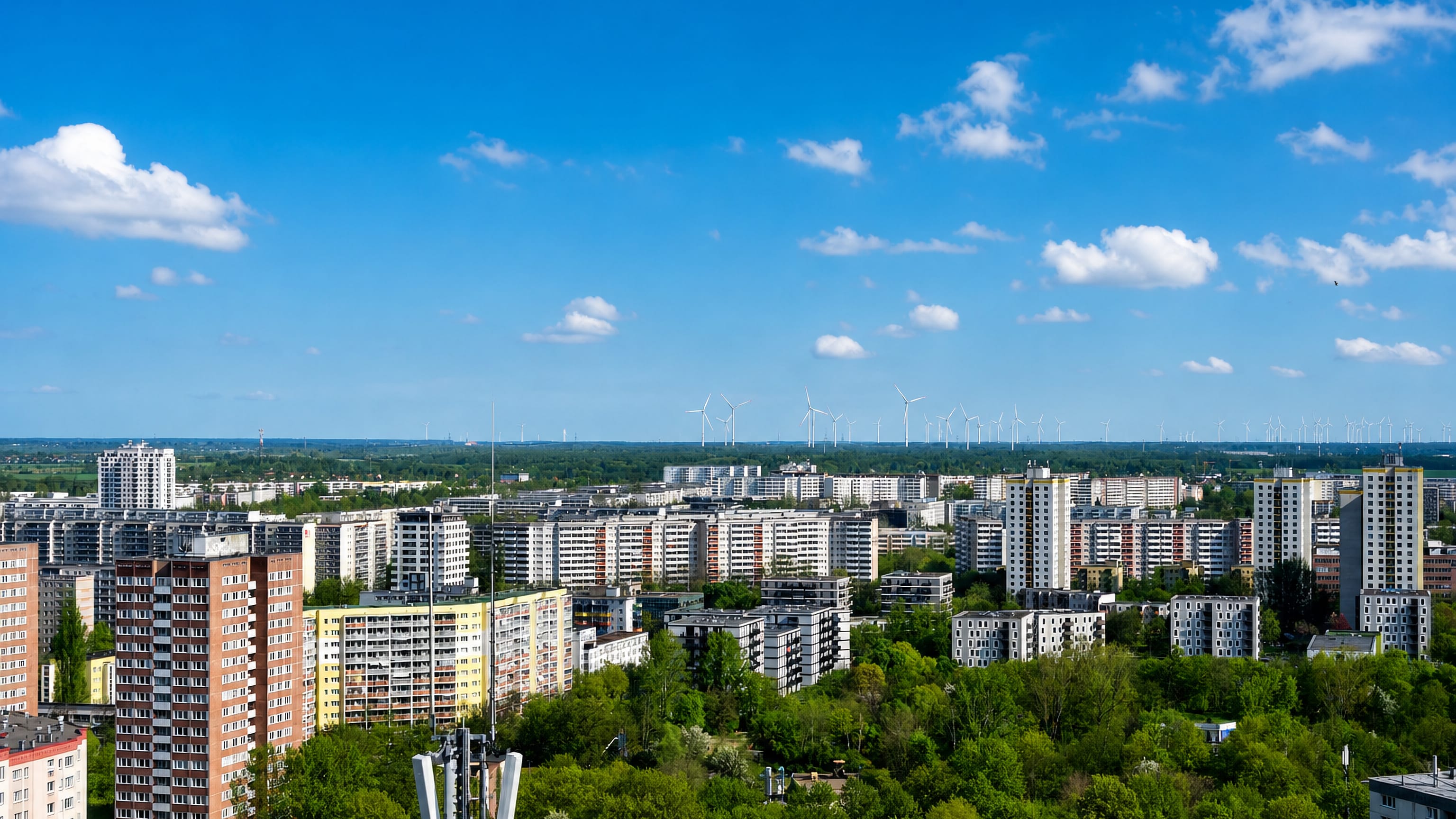 Panel-block high-rises and green courtyards stretching across Marzahn in eastern Berlin.