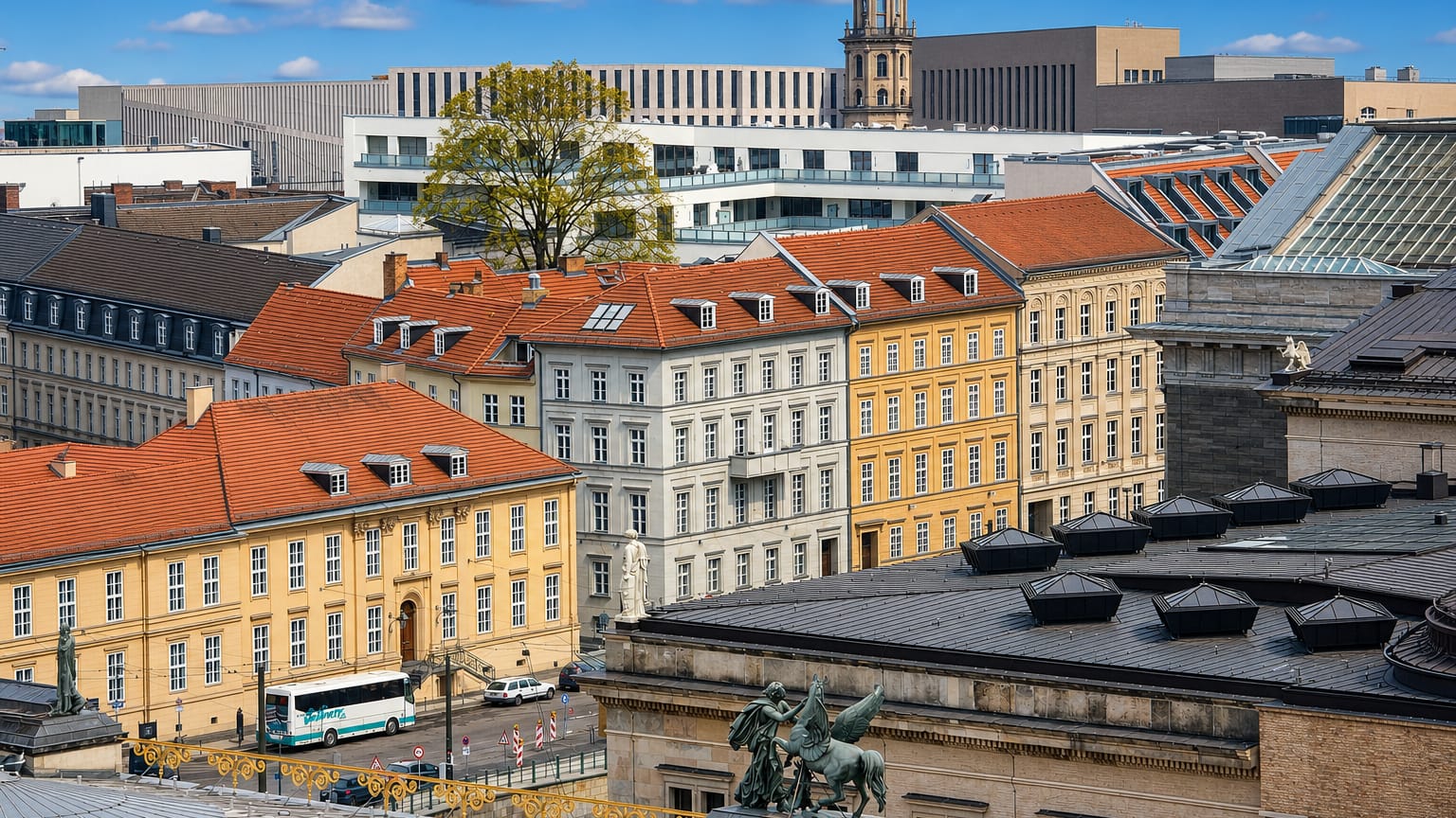 Rooftop view over ochre facades, red-tiled roofs and a bronze quadriga in central Berlin's Mitte district.
