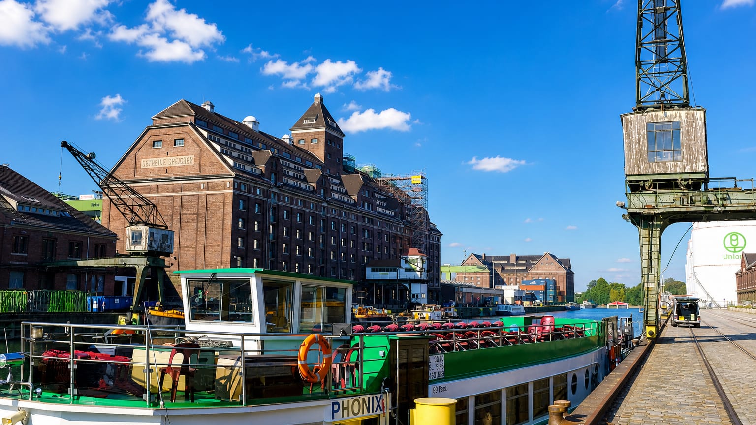 Historic brick harbour warehouse, dockside cranes and an excursion boat at the Westhafen quay in Moabit, Berlin.