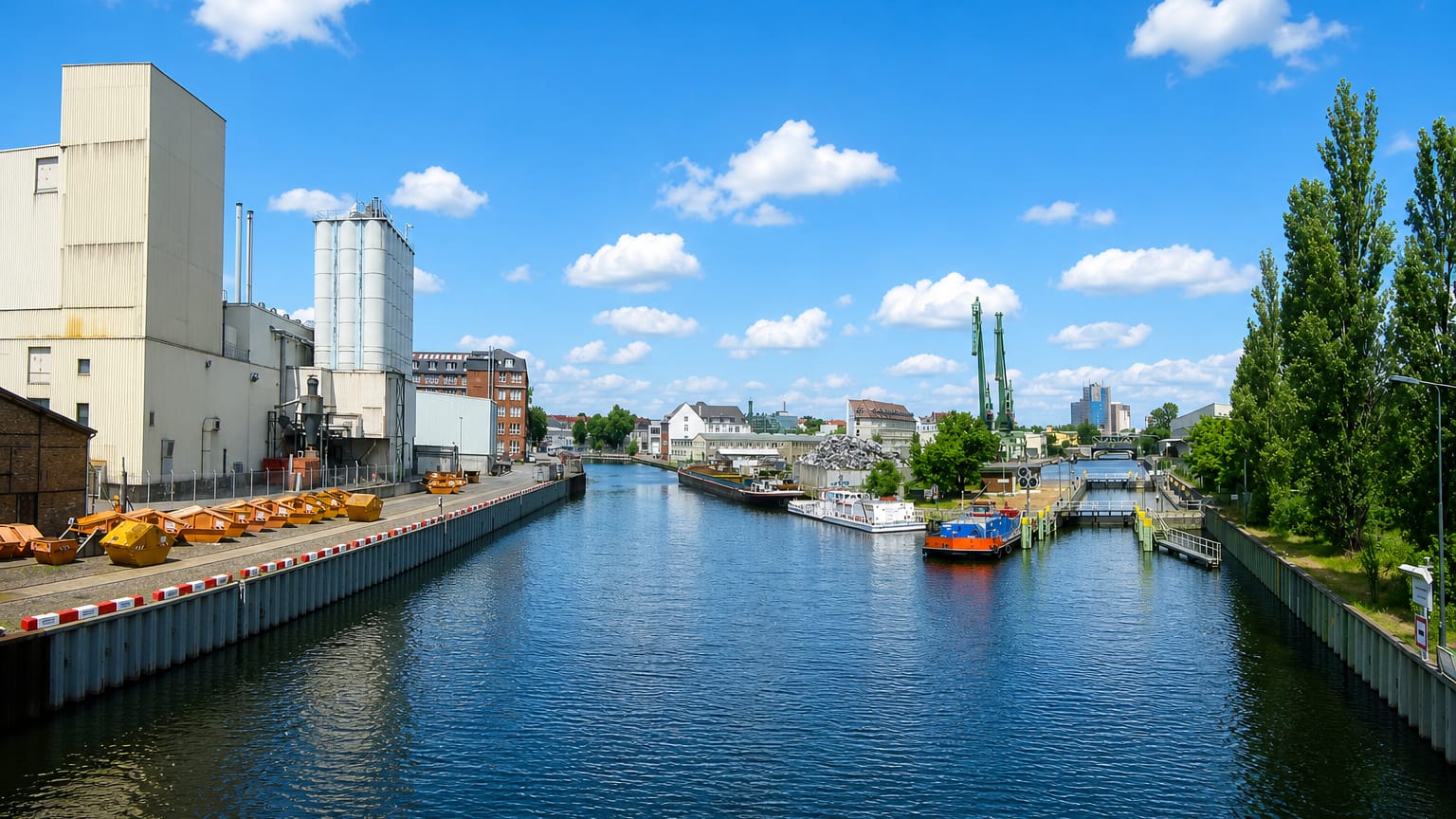 Industrial canal in Neukölln, Berlin, with grain silos, moored barges and a work boat under a bright sky.