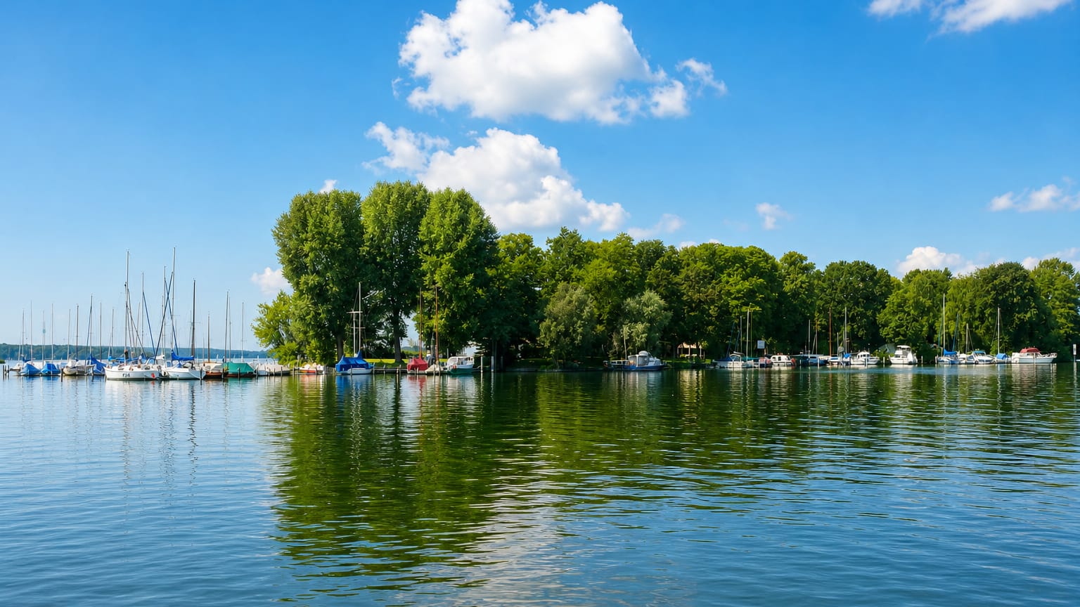 Sailboats moored along a wooded lakeshore marina at Nikolassee in Berlin, with calm water reflecting the summer sky.