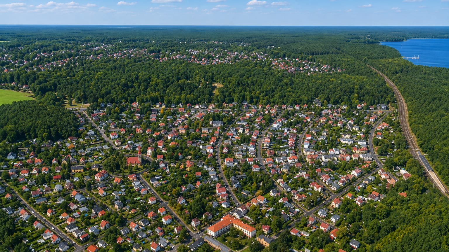 Aerial of Rahnsdorf in Berlin, a leafy villa settlement beside a forest and lakeshore with a curving rail line