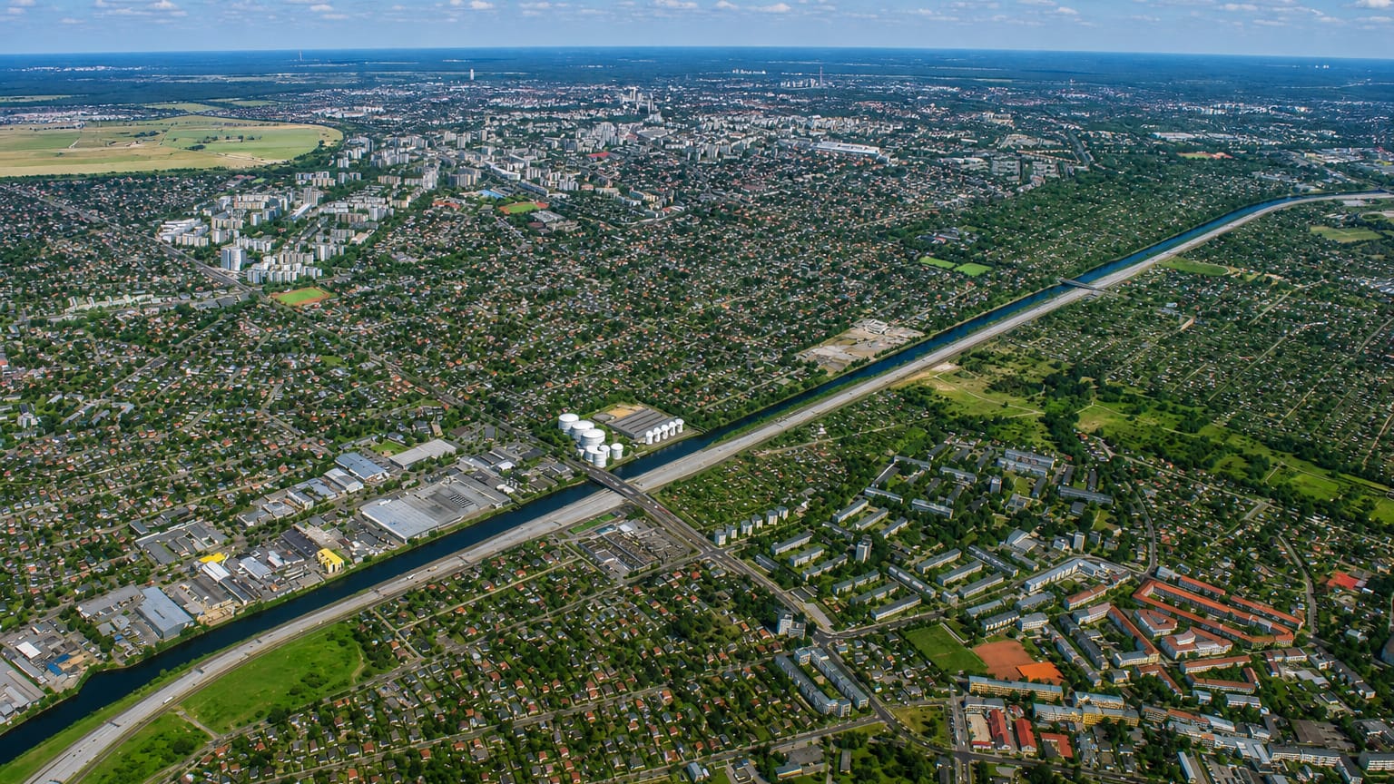 High aerial of Rudow in Berlin showing a straight canal cutting through suburban housing and greenery toward the hazy city