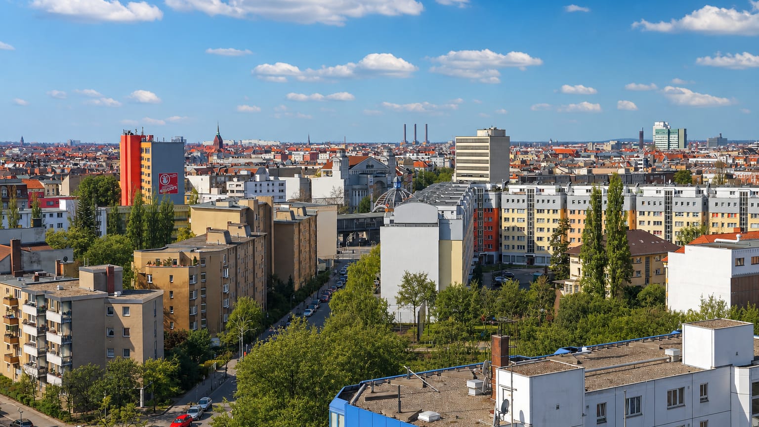 Rooftop view over mid-rise buildings, a red tower block and church spires in Schöneberg, Berlin, under a blue sky.