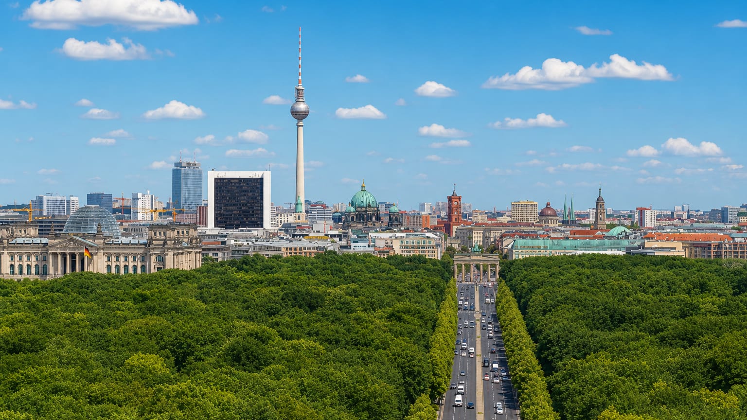 Berlin skyline from the Tiergarten with the TV Tower, Berliner Dom, Reichstag dome and the boulevard through the park.