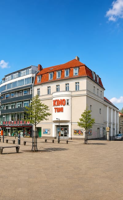 Antonplatz square with the Kino Toni cinema, tram and paved plaza in Berlin's Weissensee district