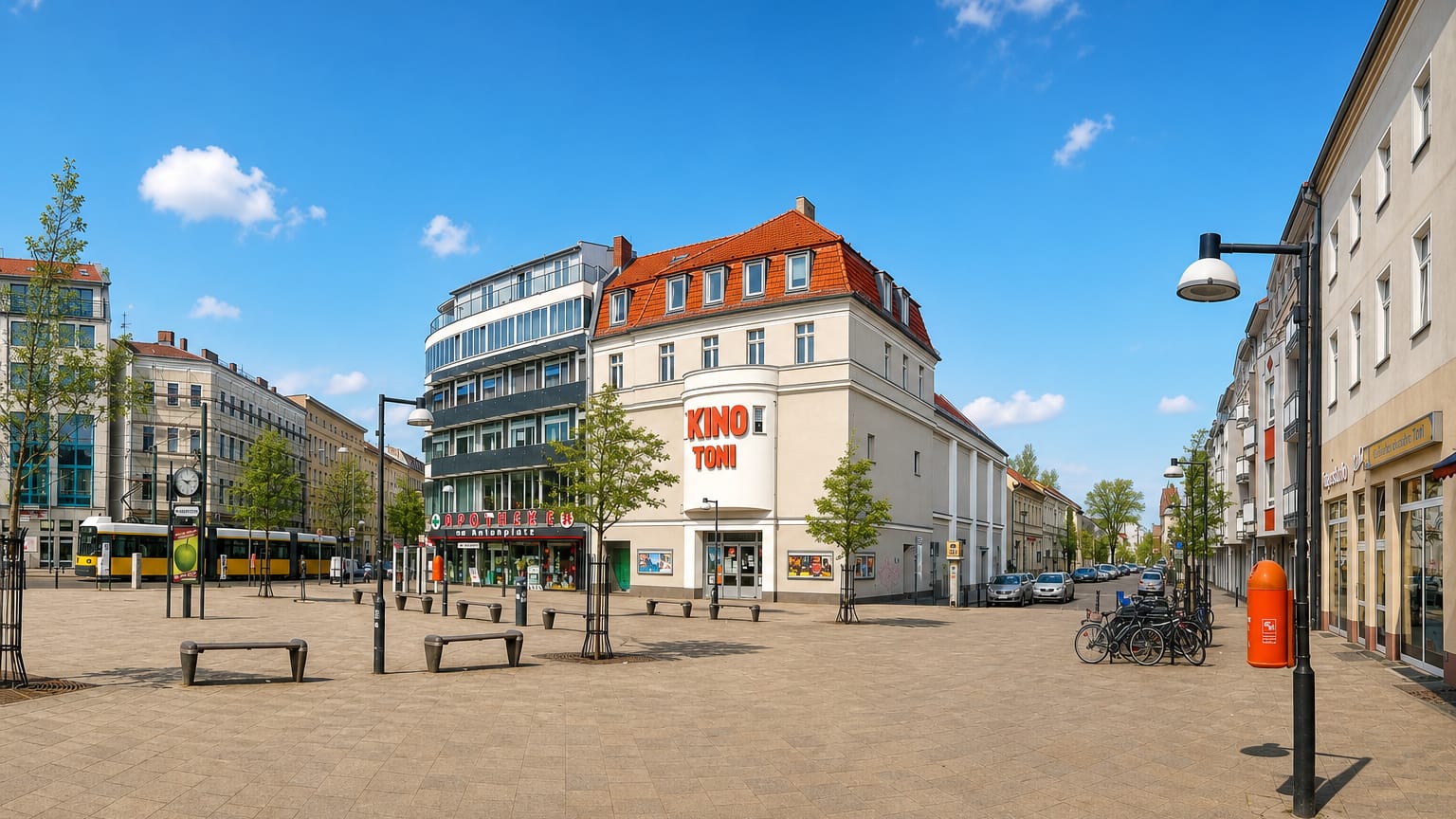 Antonplatz square with the Kino Toni cinema, tram and paved plaza in Berlin's Weissensee district