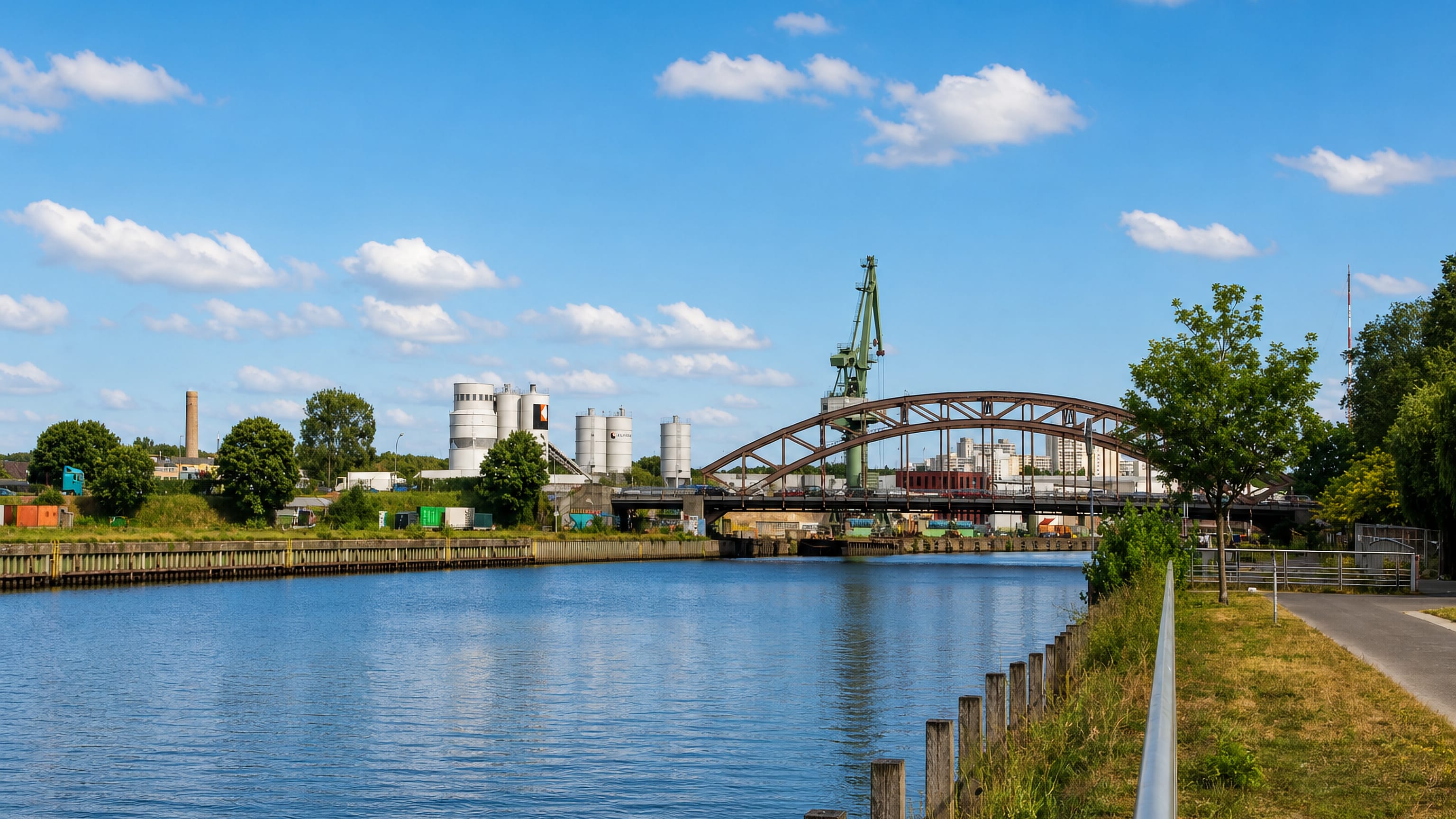 A steel arch rail bridge and industrial silos along the Havel waterway in Berlin's Wilhelmstadt.