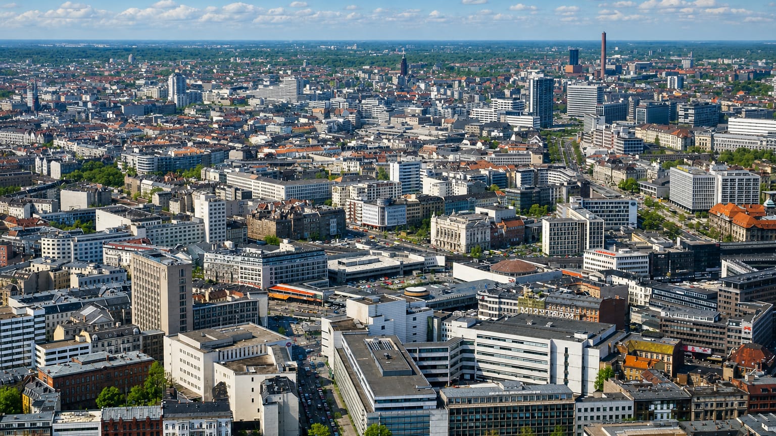 Aerial over the dense rooftops and streets of Wilmersdorf, a central district of Berlin, under a clear sky.