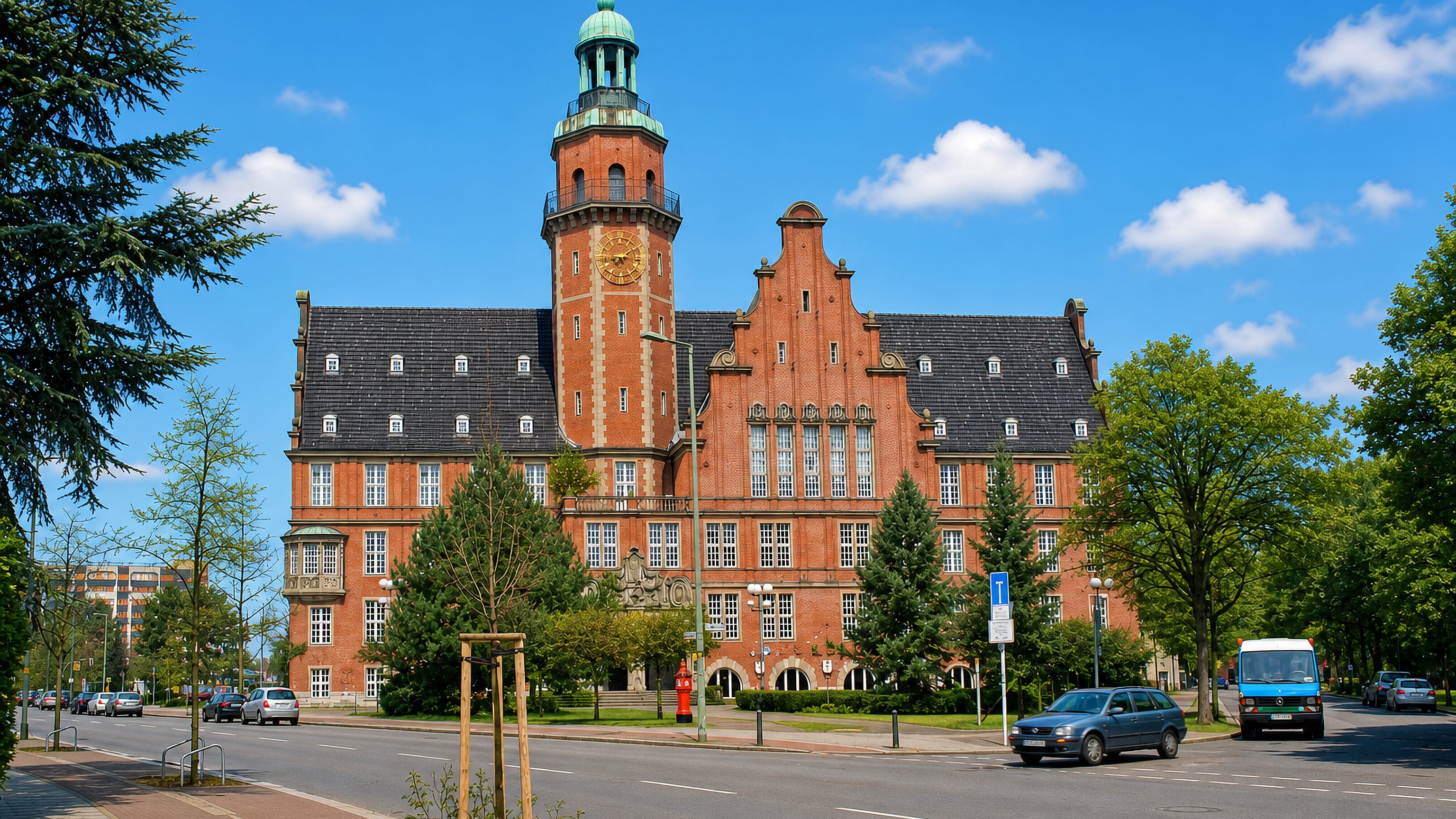 Rathaus Reinickendorf's red-brick clock tower rising above a tree-lined street in Wittenau, Berlin.