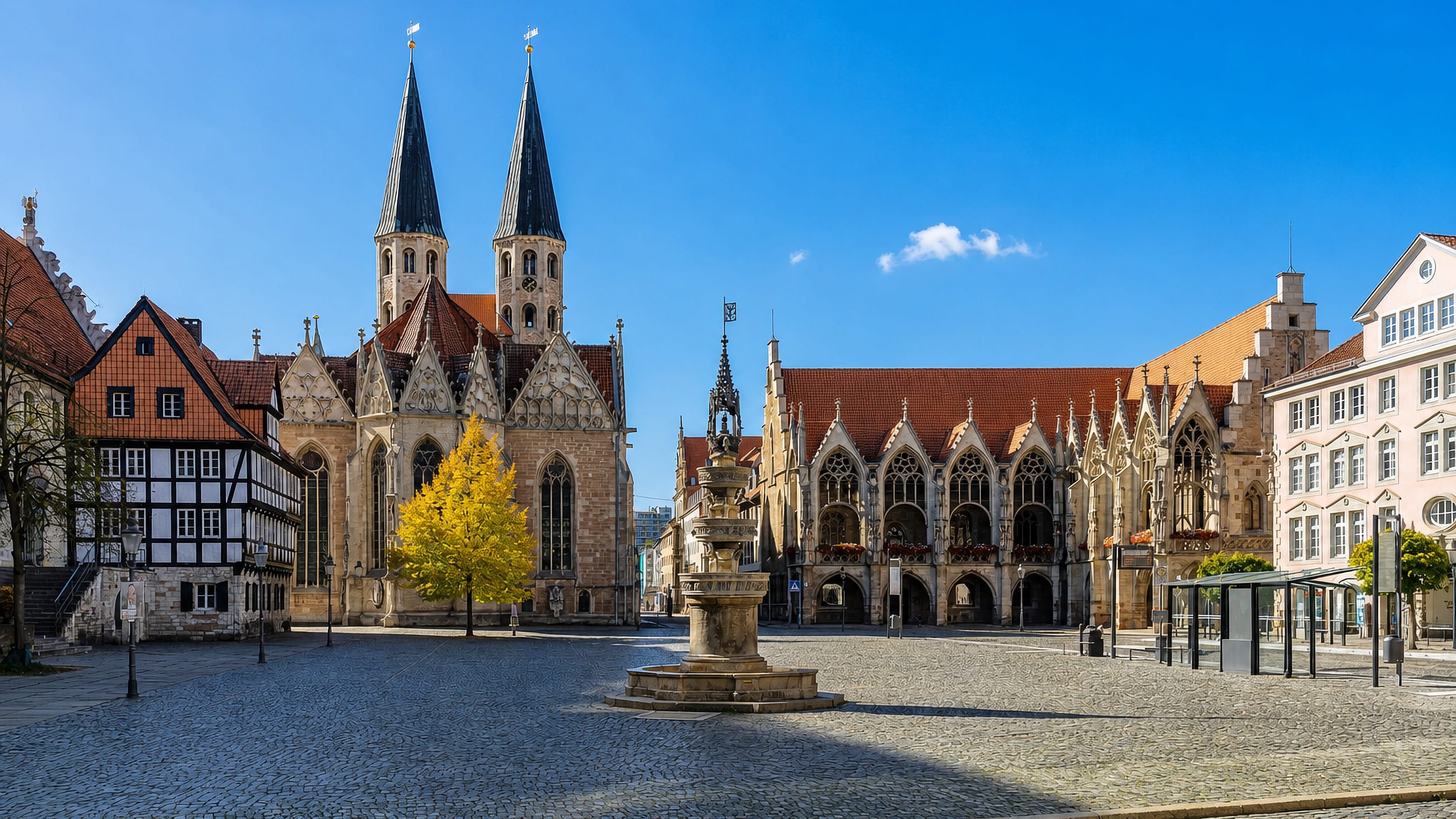 Braunschweig's Altstadtmarkt with the Gothic old town hall, twin-spired St Martini church and the Marienbrunnen fountain.