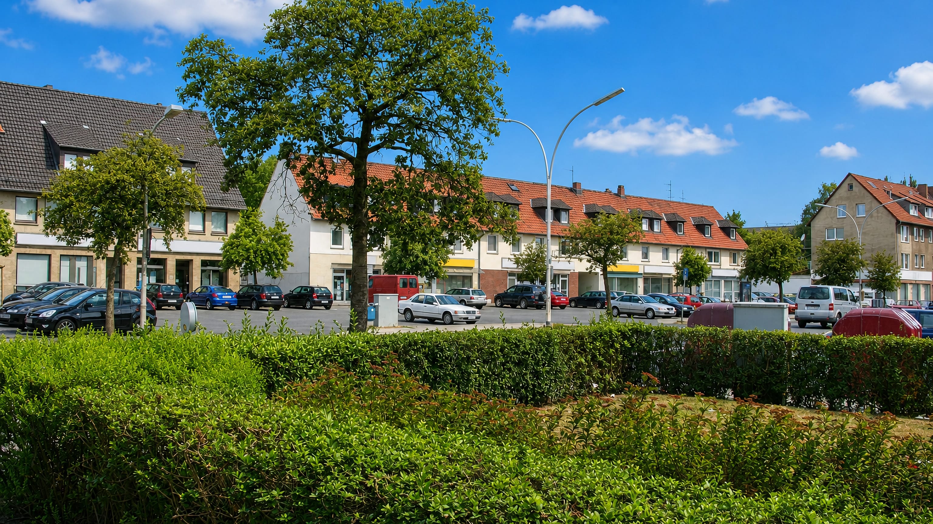 Red-roofed houses with ground-floor shops behind a hedge and parked cars in Siegfriedviertel, Braunschweig.