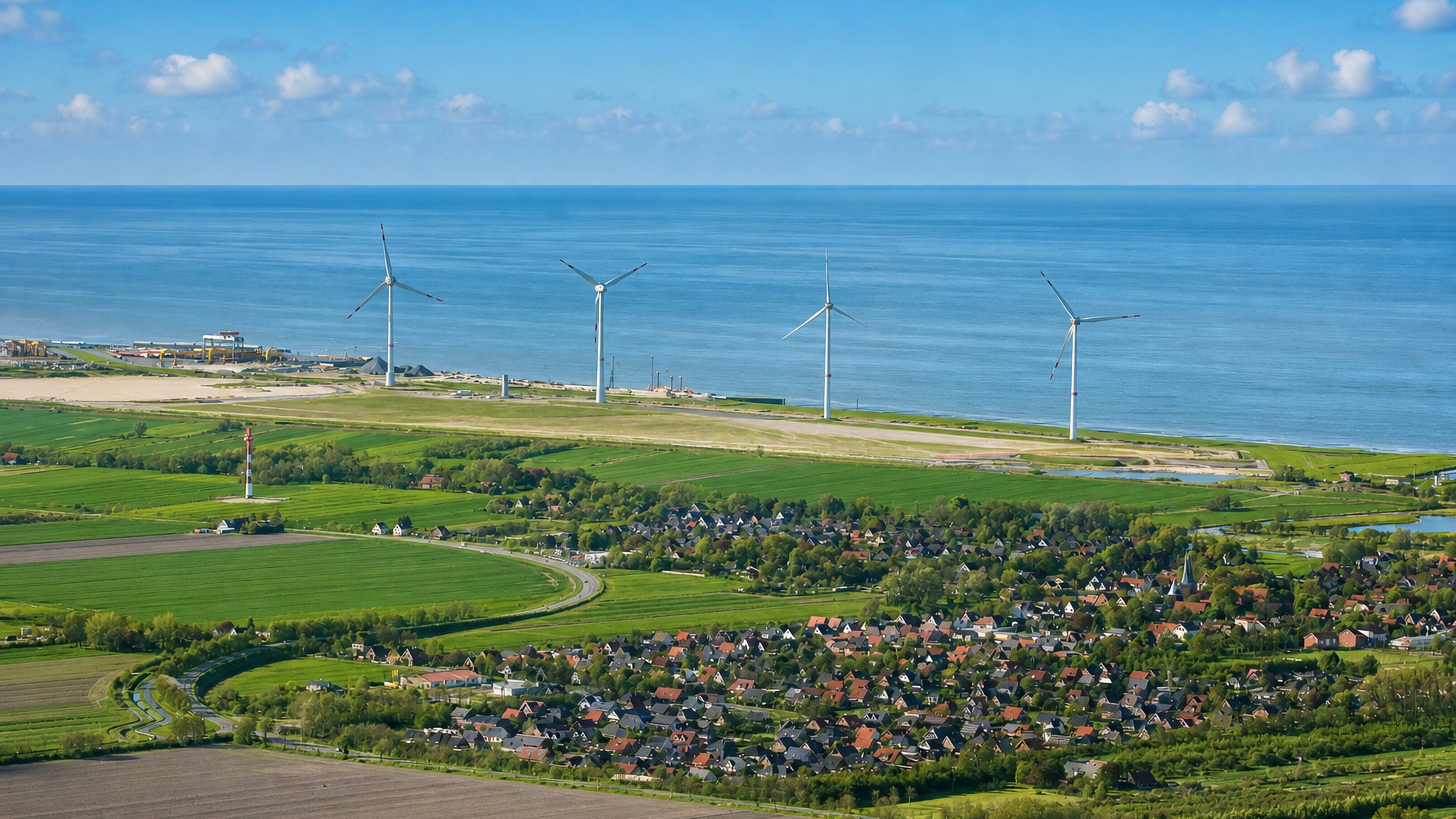 Altenbruch near Cuxhaven, its red-roofed houses behind green polder fields, a dyke and North Sea wind turbines.