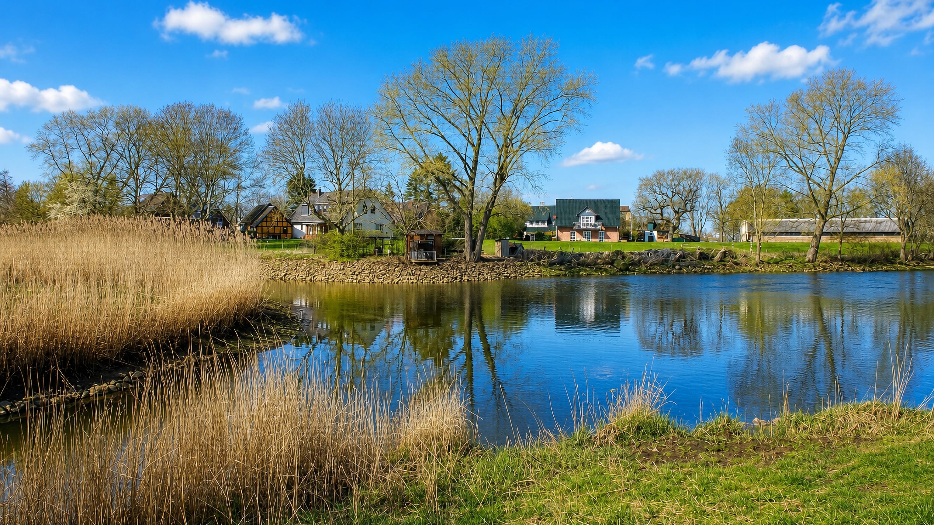 Reeds and bare trees line a river with houses beyond on the edge of Delmenhorst, Germany.