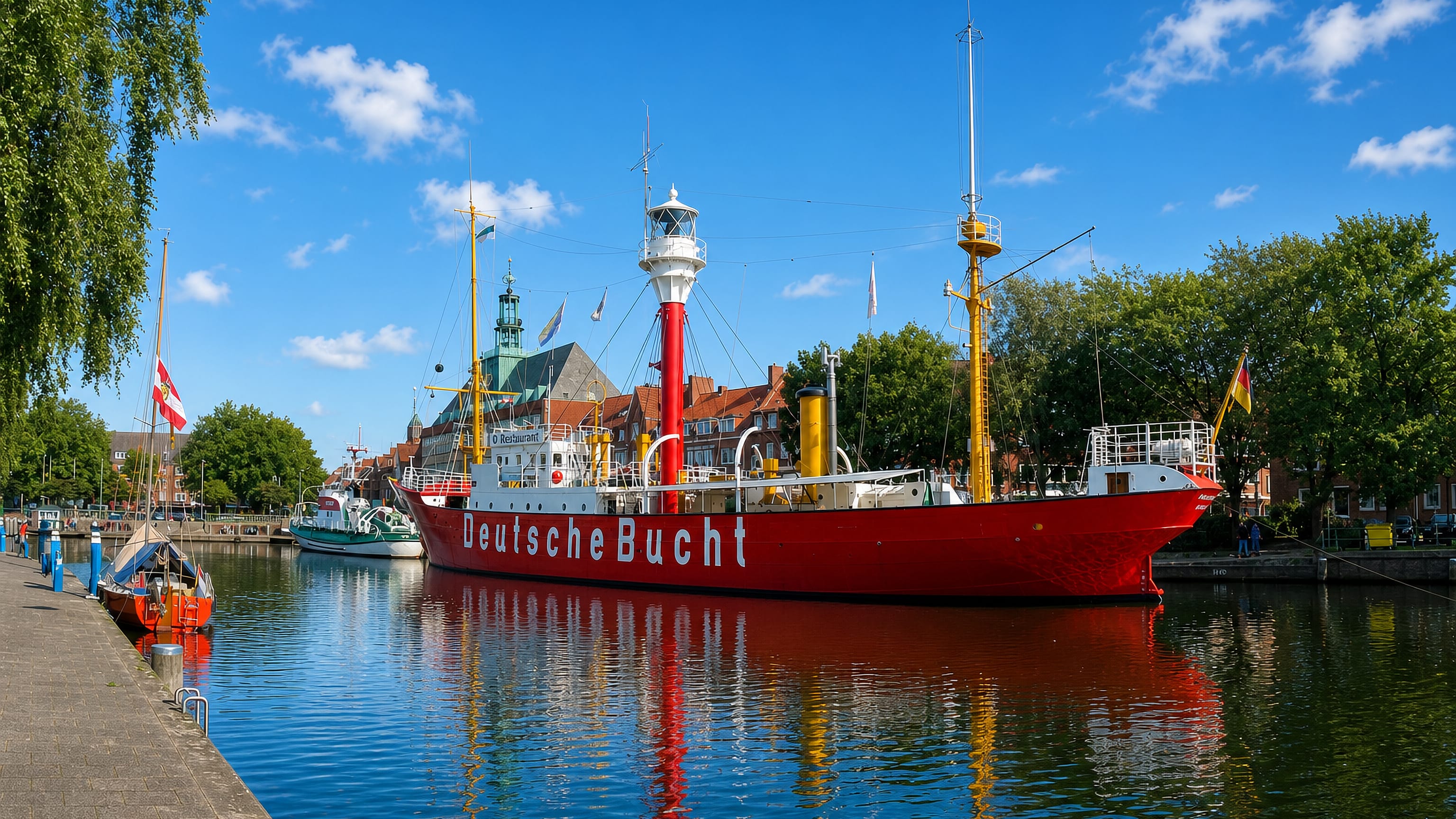 The red lightship Deutsche Bucht moored in Emden's Ratsdelft harbour below the town hall and brick gables.