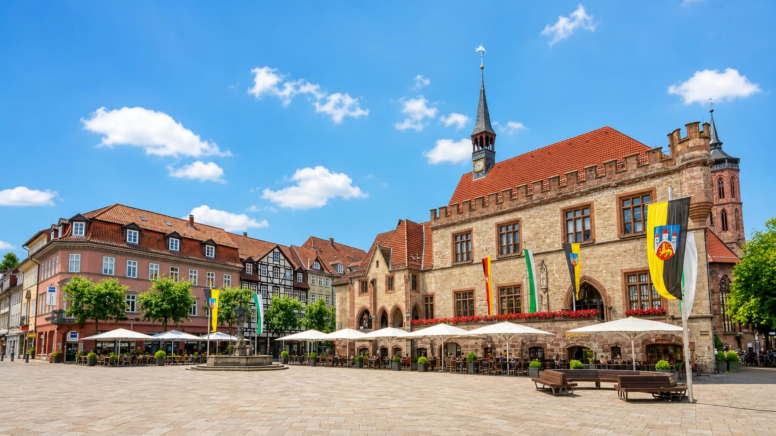 Gottingen's market square with the historic Altes Rathaus, half-timbered houses and cafe umbrellas